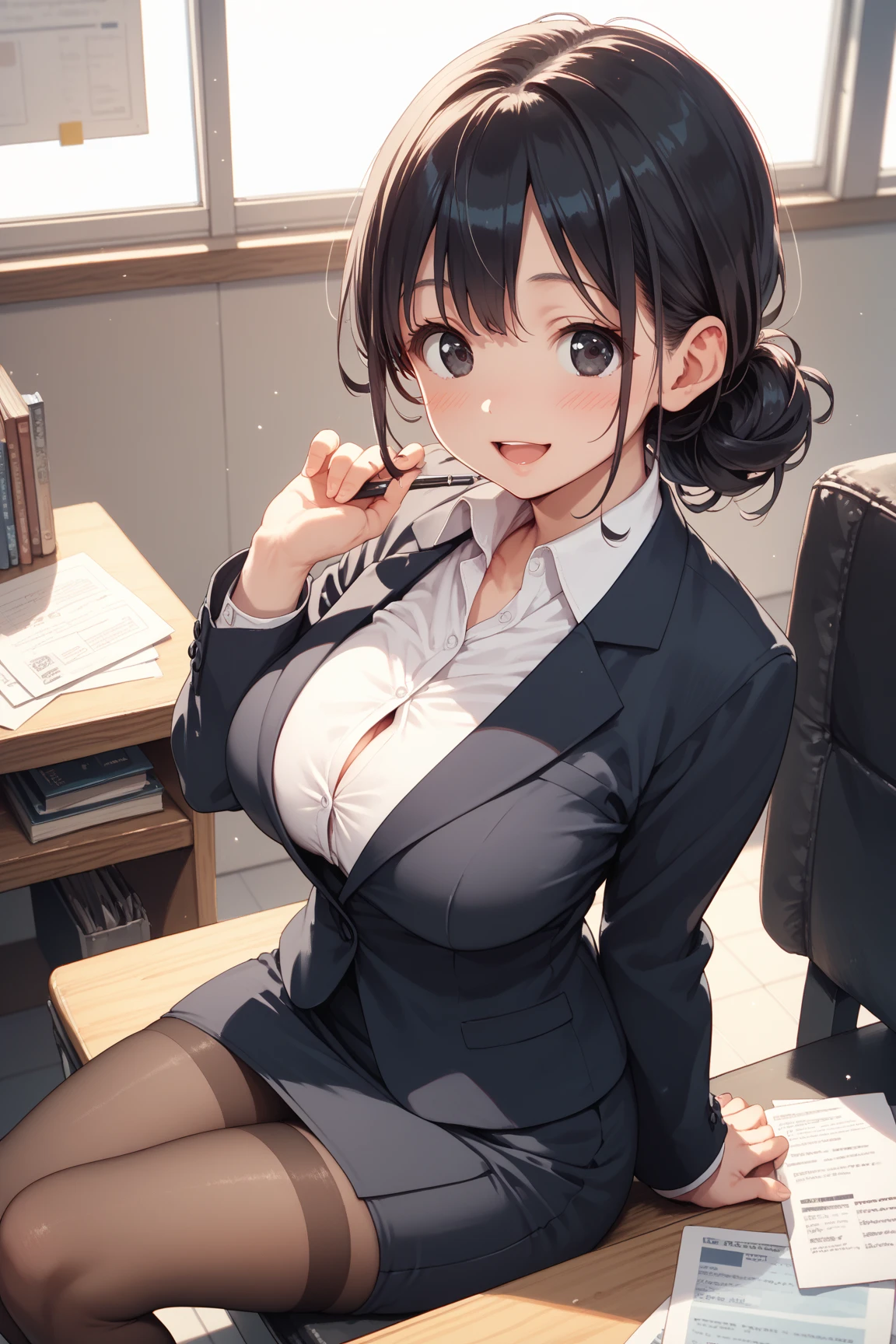 (Best quality:1.1), (Masterpiece:1.2), Highqualityshadow, Beautiful detailed, Beautiful face, Detailed eyes, Off-the-shoulder attire,Depth of field, A high resolution, Best shadow, Best illumination, 1girll, view the viewer, (Black hair:1.3),Brush cut,extra very short hair, Blunt bangs, Long hair, Black eyes, Shy, Large breasts, Miniskirt, blouse, Blazer, Pump, Office Lady, Glasses,cleavage,looks into camera,ssmile,closeup cleavage,Superskirt