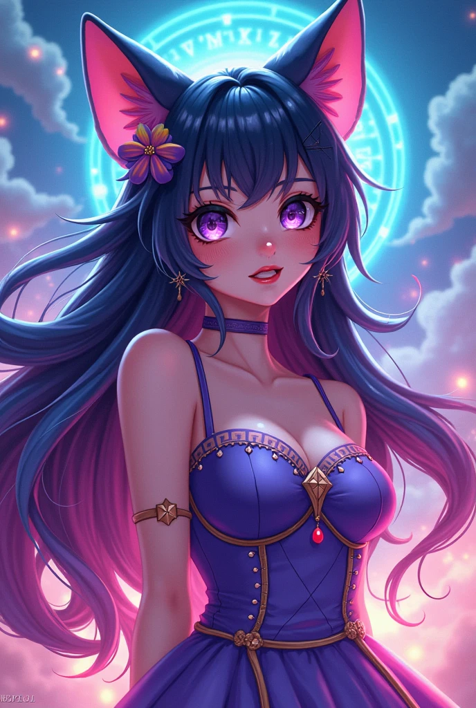 1girl, Miqo'te Final Fantasy 14, Samourai Outfil, Katana (weapon) , Black Hair, Purple ; highlights; Green eyes, Side Ponytail , Darker Skin Tone, cat tail; No Ears; facial Marks(D.va Overwatch) Portrait, in space,
