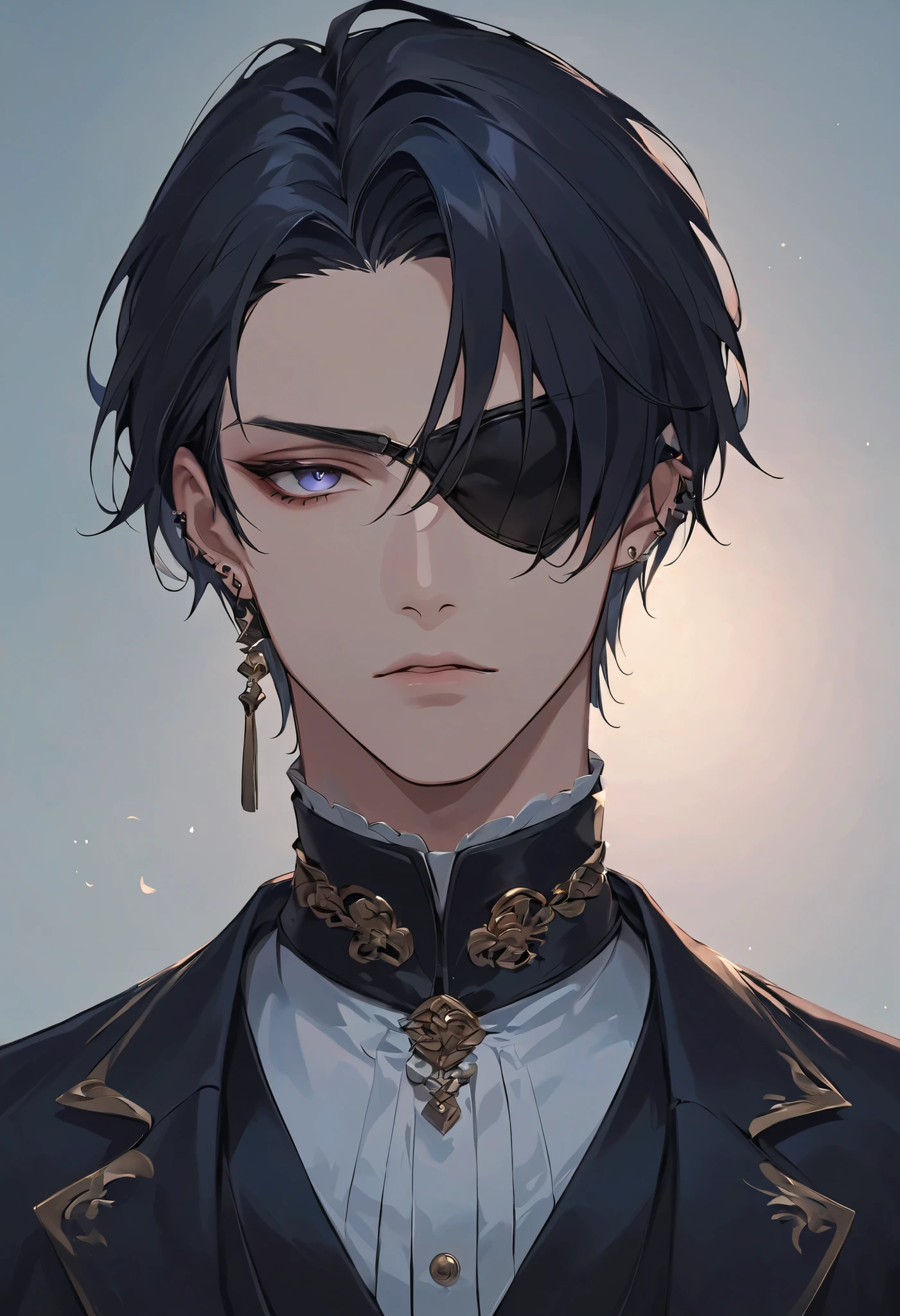 His hair is a deep Gold with subtle dark undertones, complementing his intense appearance. He wears a sleek black eye patch over one eye, adding to his enigmatic aura. His visible eye glows with a piercing blue hue, giving it a striking, luminous quality. His facial features include high cheekbones, a defined jawline, and slightly parted lips, creating a delicate yet sharp expression. His presence exudes an elegant yet melancholic aura, blending refinement with an air of mystery. The lighting accentuates his detailed features, adding depth and realism. The background is dark and moody, evoking the atmosphere of a crime-ridden city at night. The character's gaze is intense, as if caught in a moment of contemplation or decision.