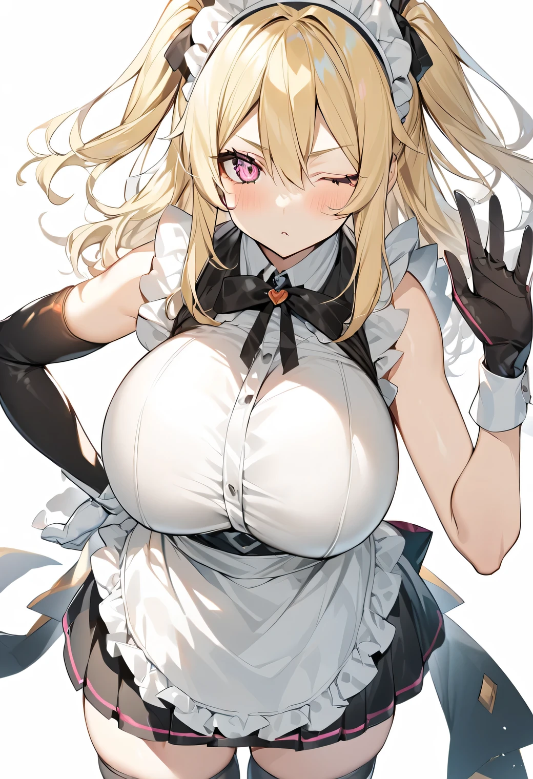 (One girl)、medium length hair、(sidelock)、((Blonde))、(slan eyes)、（boyish）、cute、(Big super breasts)、((Chubby))、Maid、No sleeve、mini skirt、White sleeveless、thigh-high socks thighhighs、(long gloves)、hairs between eyes、(coarse hair)、[flipped hair]、pink eye、expressionless、one eye closed、arm behind back、White Background、
