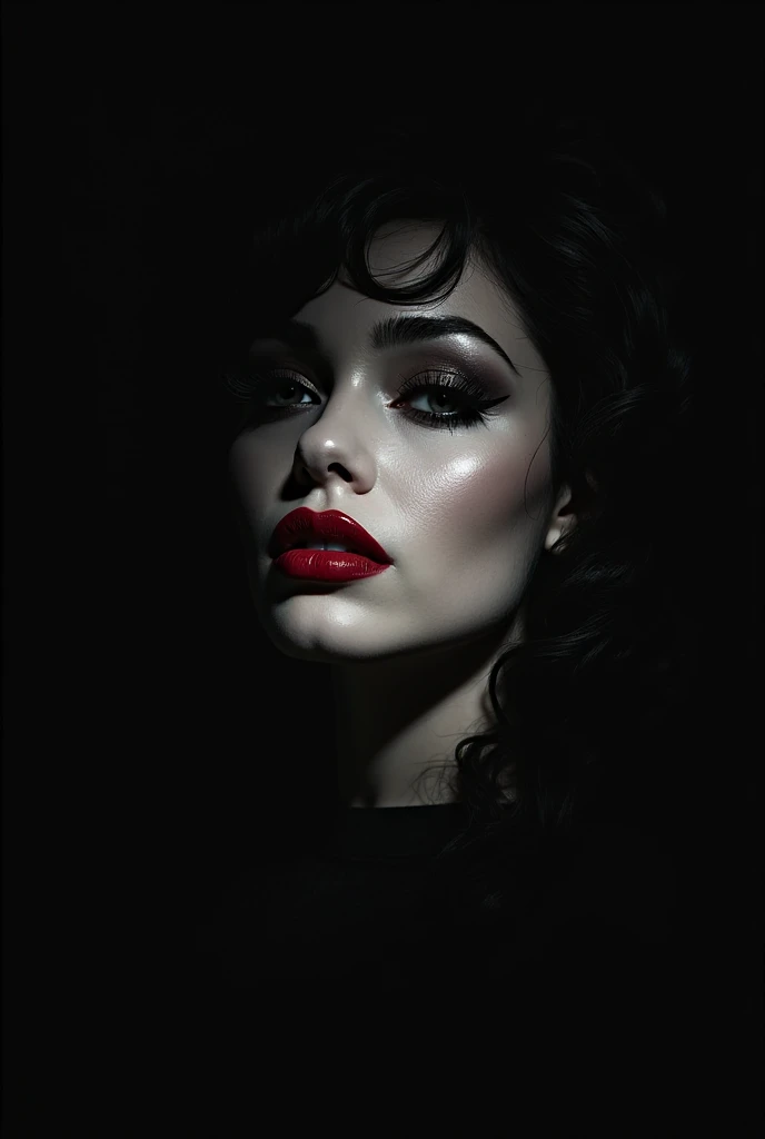 a beautiful pale woman with deep black hair, blood red lips, and sharp fangs, wearing a slinky black dress with a deeply plunging neckline, emerging from a mysterious fog in a 1950s bedroom, (best quality,4k,8k,highres,masterpiece:1.2),ultra-detailed,(realistic,photorealistic,photo-realistic:1.37),dramatic lighting, moody atmosphere, cinematic, highly detailed, dark fantasy, dark and moody, chiaroscuro lighting, dramatic shadows, hyper realistic, gothic glamour, alluring and seductive