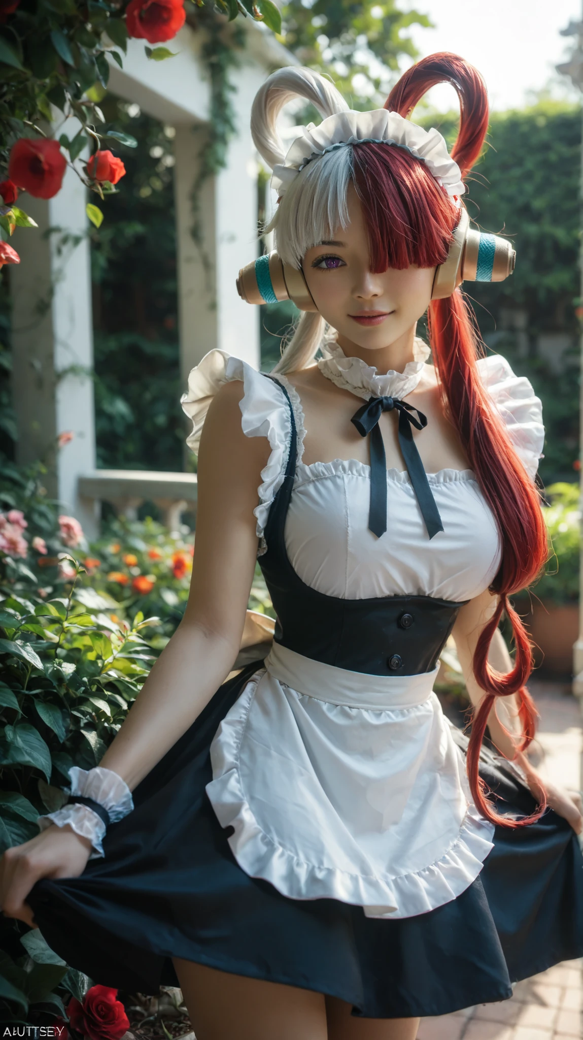 best quality, masterpiece, 1girl, aauta, long hair, split-color hair, hair rings, twintails, headphones, hair over one eye, one eye covered, purple eyes, breasts, garden, standing, cowboy shot, maid, maid headdress, skirt hold, curtsey, zettai ryouiki,, asian, cute, beautiful, (21 years old), dual hair, red hair, white hair, half red hair half white hair
