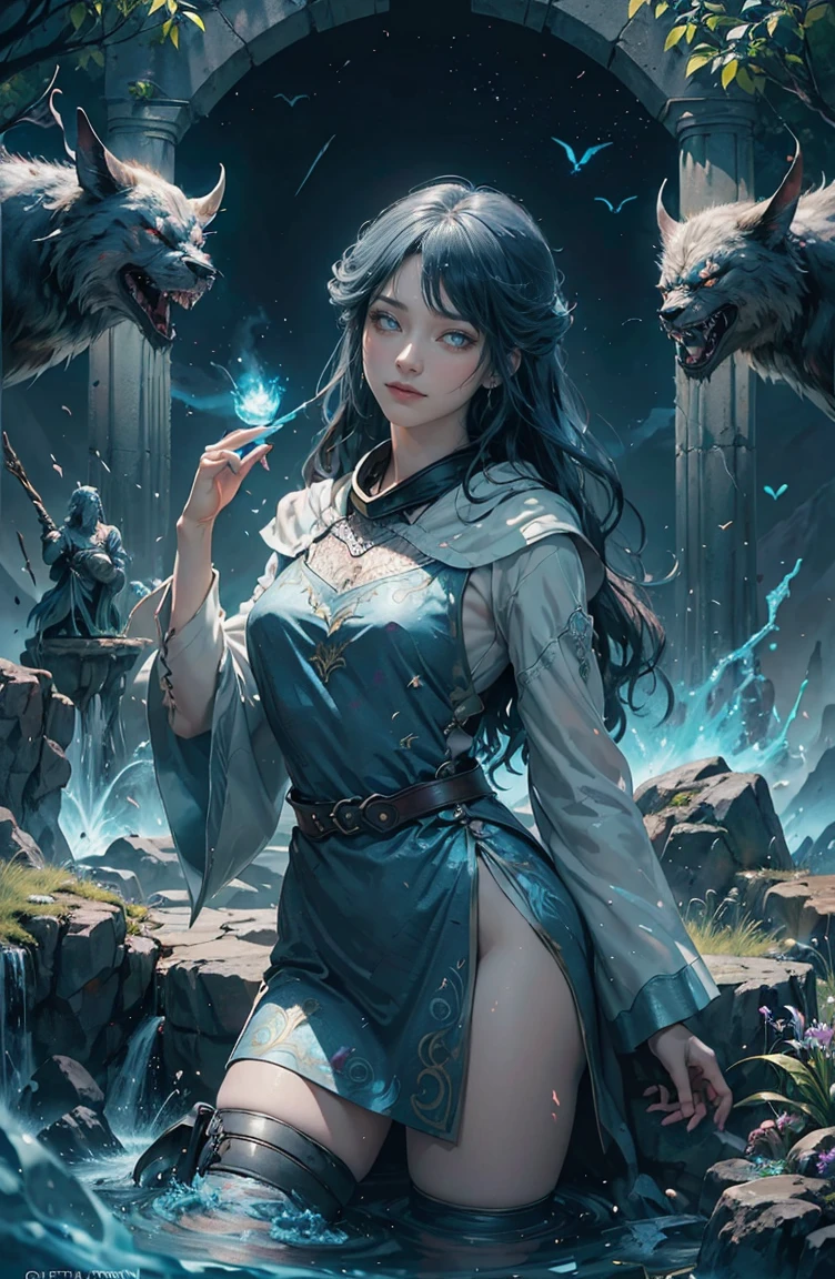 Generate an image of a female druid in a grotto with a large, dry tree, surrounded by small glowing crystals and streams of pure water, undergoing a magical transformation. Parts of her body begin to transform into bear fur, while her hands turn into claws. Behind her, the large ancient tree with glowing runes pulses with ancestral energy. Wolves and owls watch respectfully around her. The setting is historically accurate to 1514, in a Dark Fantasy context. The art style is Baroque, akin to the iconic and distinctly gothic panels of Frank Franzetta, creating a mysterious and sinister atmosphere.