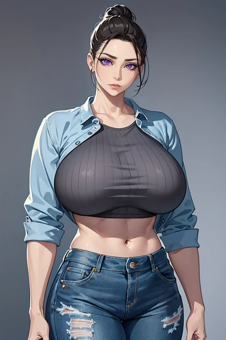 Create a beautiful mummy woman (best quality) with thick legs and big butt (super detail), with blouse and skirt completely torn, displaying a beautiful body, perfect physique, beautiful breasts and navel, beautiful face (perfect blue eyes),
