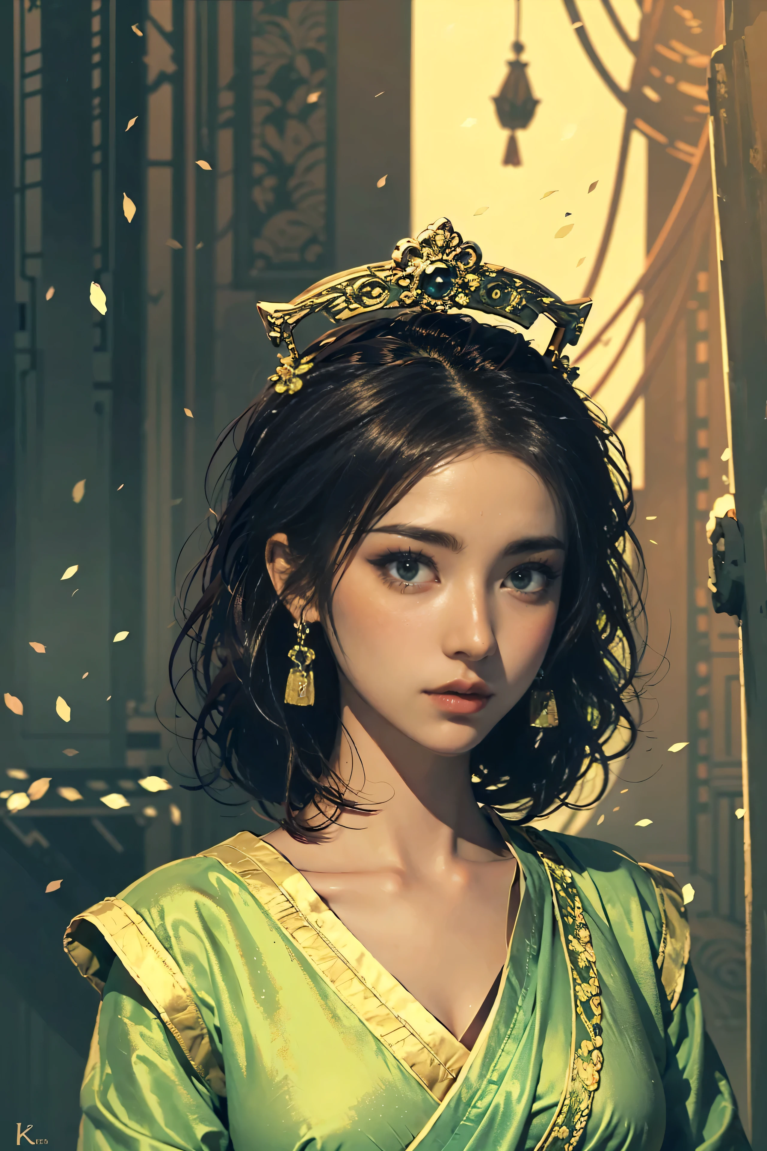 (bust up), a beautiful woman with modern facial features, K-beauty style face, soft skin, large expressive eyes, delicate nose and lips, gentle expression, wearing an ancient Chinese imperial hanfu, ornate crown and jade earrings, traditional colors and silk textures, cinematic lighting, warm golden tones, a soft blurred phoenix glowing in the sky behind her, dramatic movie poster composition, masterpiece, ultra-detailed, 8k