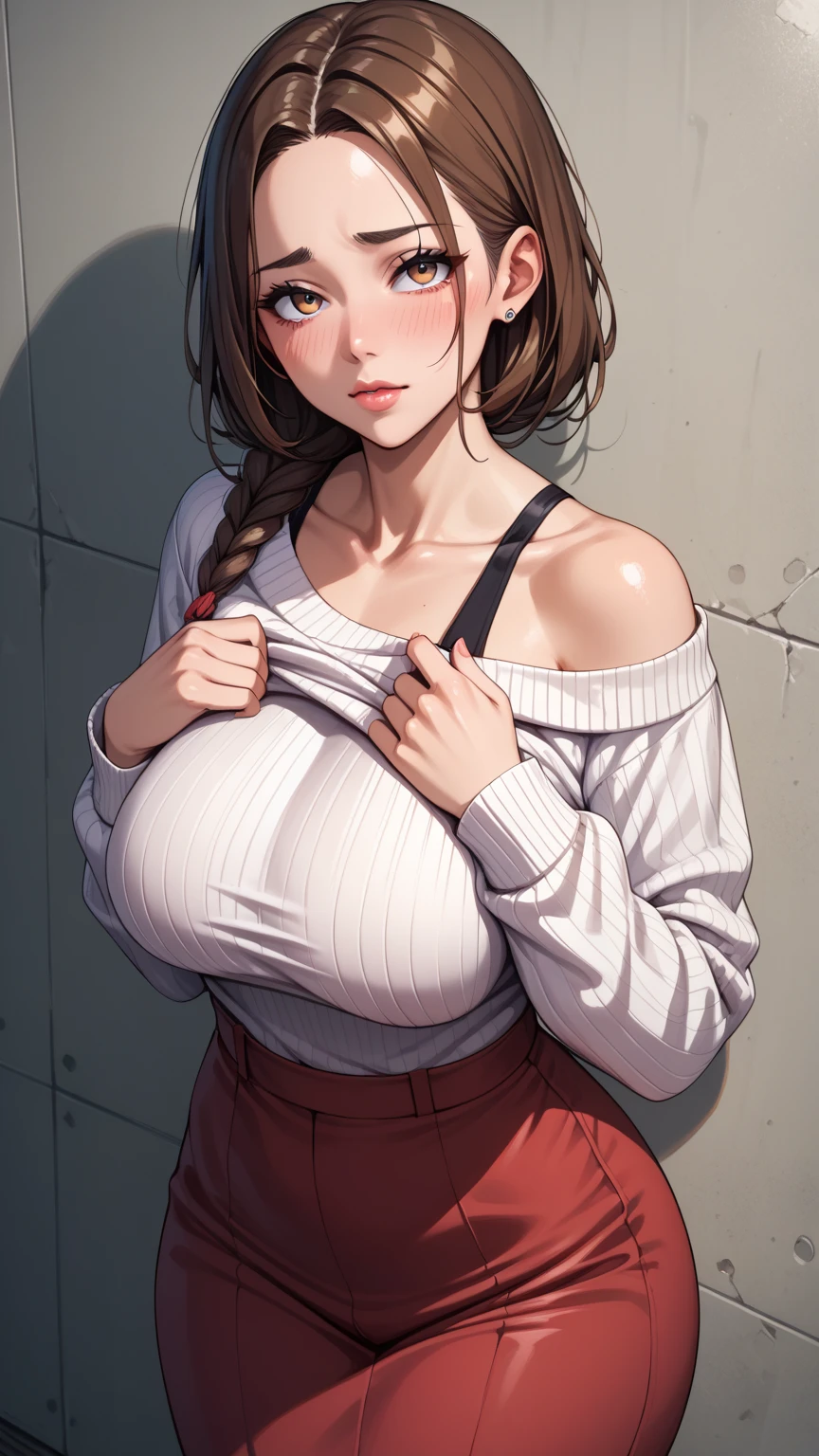 1 girl, against white wall, wallpaper, 8k, masterpiece, (extremely detailed face and eyes:1.1), brown hair, long hair, twin braids, hair between eyes, looking at viewer, front view, (from above:1.4), sitting, ((gigantic breasts)), (cleavage:1.1), (brown bra:1.4), (brown slit skirt:1.3), red lipstick, tall, sweat,