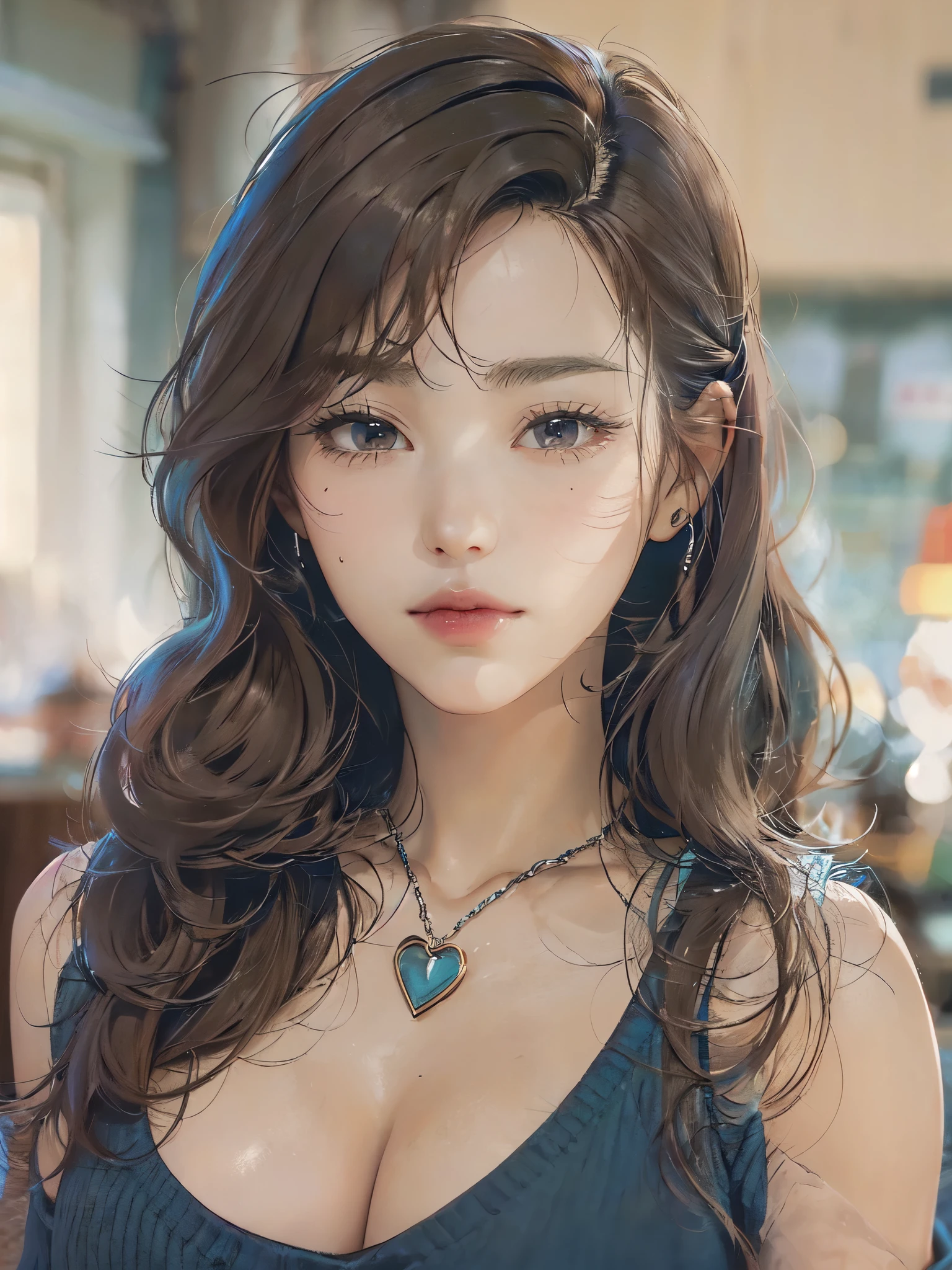 (Masterpiece, best quality, vibrant, high contrast, hyperrealistic, top quality, high sharpness, realistic, sharp, detailed clothes, highly detailed character, High Resolution, 16k, very detailed, Volumetric lighting, depth of field, cinematic, vibrant, dynamic lighting. Atmospheric effects. :1.3), 1girl, solo, (20, twenty years old, young adult), Perverted, Nymphomaniac, Korean, ((heart-shaped with narrow jaw and smooth high cheekbones face, Large brown almond-shaped eyes with slightly lifted outer corners, double eyelid, The lashes are long and defined, The nose is small and delicate, with a narrow bridge and softly rounded tip)), (long thick black hair with loose waves, middle parted bangs, strands framing her face), fair skin tone, (Height: 173 cm tall, 5'8"), (Weight: 47kg), (Personality: ENTJ), petite with lean muscle tone and feminine figure, small soft breasts, very slim waist with gentle inward curve, moderately wide wide hips, thick and supple thighs, long slender legs with toned calves, fit but round butt, (wearing a dynamic navy blue/black Bandage Long Sleeve Dress with accenting accessories), tiny silver hoop earrings, thick black collar, silver rings on fingers, silver and bead bracelets, military dog tag on silver chain necklace, thick black eyeliner, blush, glossy and subtle lips with a rosy tone lipstick, giving off slutty vibes, cozy coffee shop background, Akihabara backdrop, leaning against wall and waiting at cafe, dynamic pose, heavy lidded eyes, knowing smirk. model-level beauty, beautiful, full lips with subtle cupid's bow, pouty lips, cute nose, cute with slight playful edge, Scene: She is waiting for her boyfriend to arrive, cleavage, ((JANG_ICE, Jang Wonyoung, Wonyoung, IVE)), Occupation: kpop idol, idol beauty, nsfw, slight head tilt up, tulle chiffon.