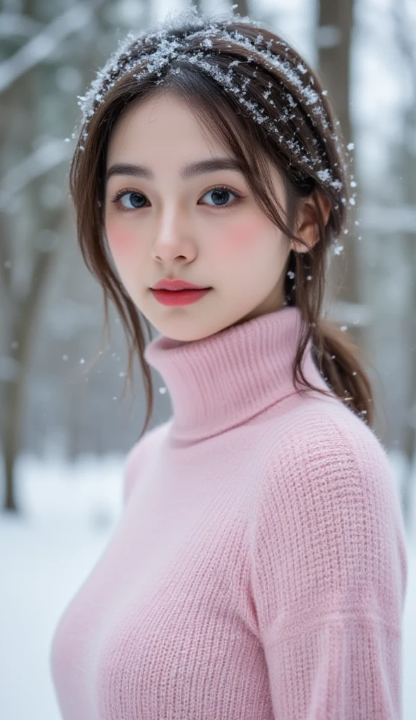 masterpiece、8k、32K、highest quality、(detailed eye)、(cute japanese woman、bangs)、23 years old、1 girl、elegant、(Detailed background depiction、Portrait:1.2)、(Valentine:1.5)、(illumination、snow:1.4)、(lace underwear:1.3)、(knit hat)、(snow:1.4)、(blushing face、Hilarious:1.4)、