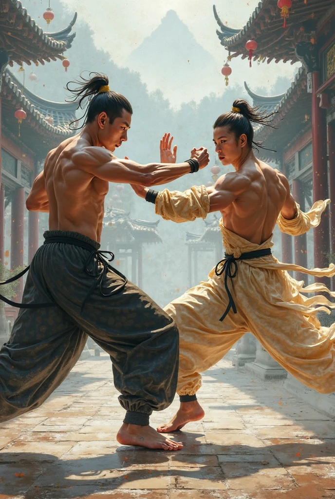 Young muscular white man in leggings is fighting a muscular Asian man in the forest 