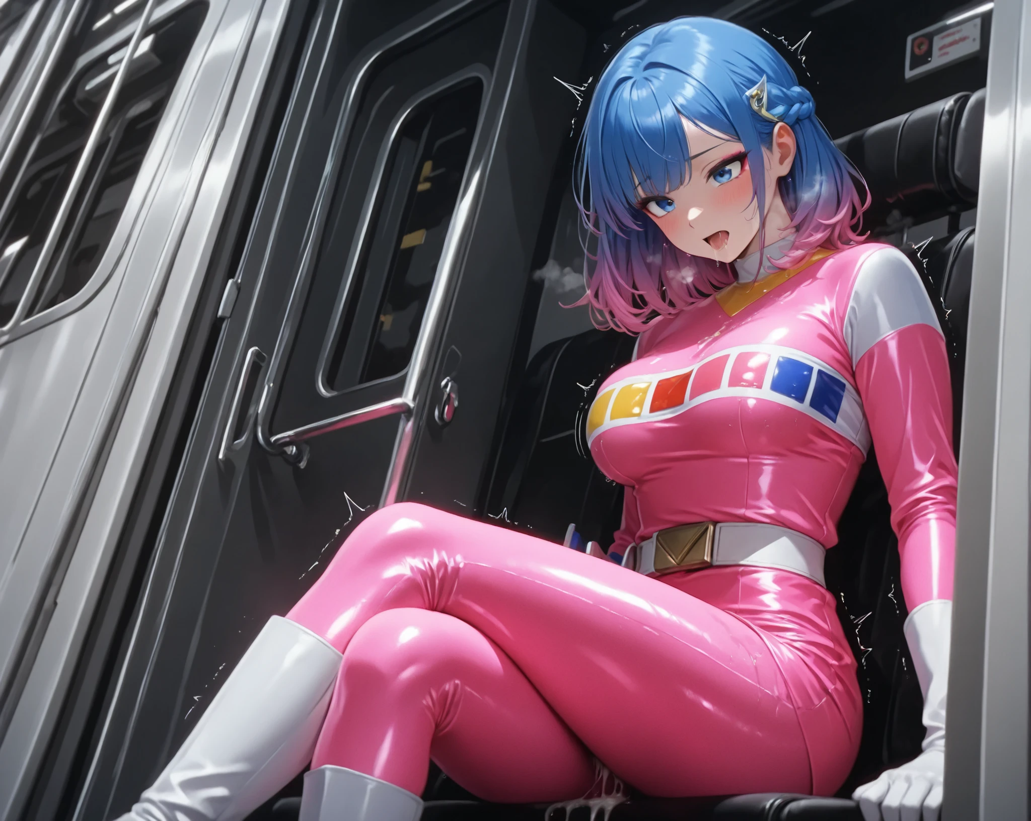 Roux Louka,mature female,perfect hands, perfect finger,perfect anatomy, masterpiece, best quality,realistic, hyperrealistic, 16k hdr, eff pilot,blue flight suit,gundamwingcockpit,large breasts,from below,sitting,spread legs,purple long hair,open zipper,navel,,no bra,cleavage,necklace,sweat,,(orgasm:1.2),red blush,open mouth,