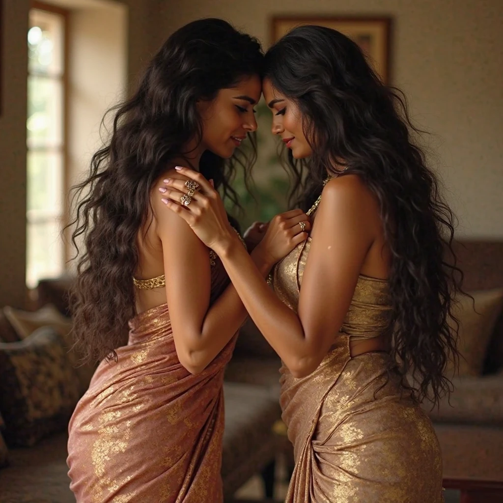 ((best quality)), ((masterpiece)), (detailed), 1girl, off-shoulderin boss' room ,while at confferance with lady boss,three 65 years old indian ladies in tongue out in sarees,cornrow braided,drenched with 2 liters hair oil in hair,slicked combed,cascade down to back side,one lady on top of the other lady.kissing.The image is shot by vivo Phone 50 MP camera and focal length is 26m. Set the other parameters as required so that the image looks too much natural. sweater,