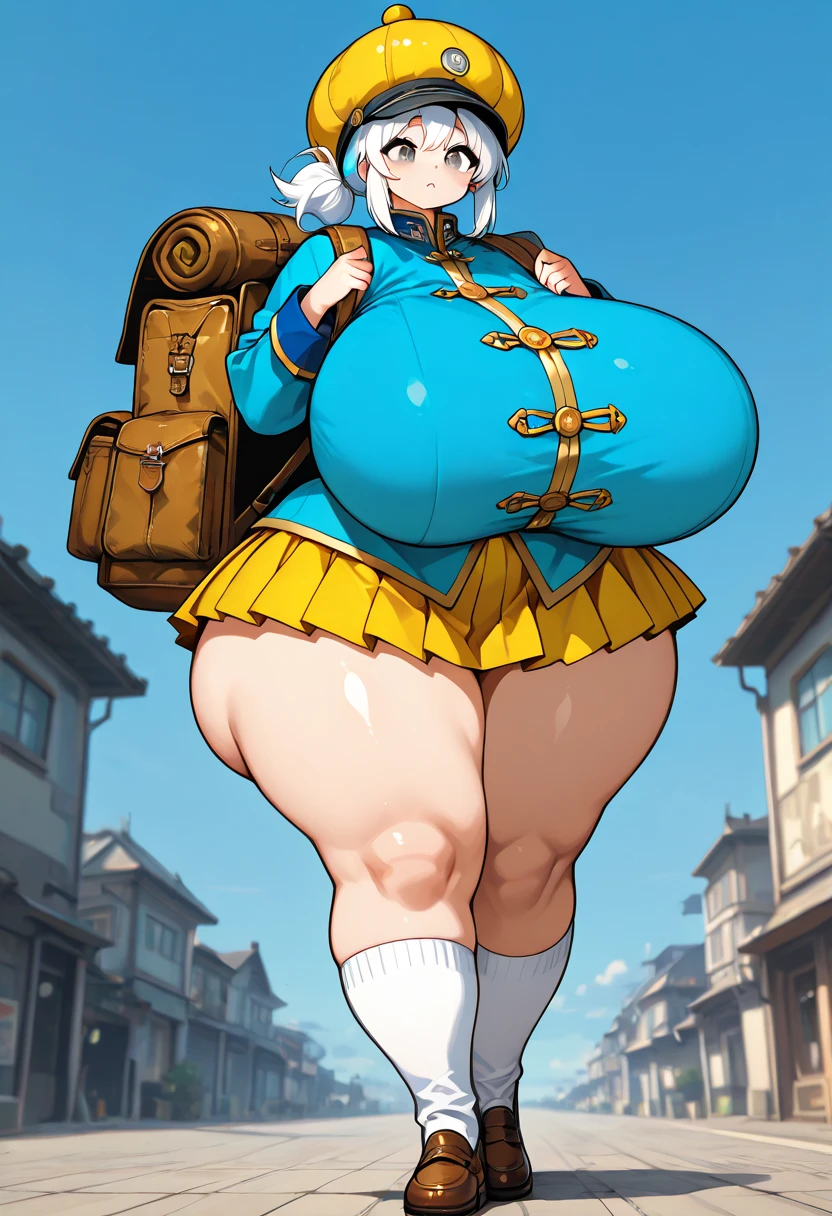 (masterpiece, best quality, ultra detailed, absurdres)1.5, 1girl, (sexy, beautiful woman, perfect face, perfect eyes, perfect female body, huge breasts)1.5, (juvia lockser, aajuvia, curly hair, hat, capelet, fur trim, blue dress, long sleeves, brown belt, pantyhose), (standing, medieval city, coastal city), perfect lighting, smooth, hdr, ((big belly, massive belly, round belly)), shocked, open mouth, hands behind head:1.4), (solo:1.5)