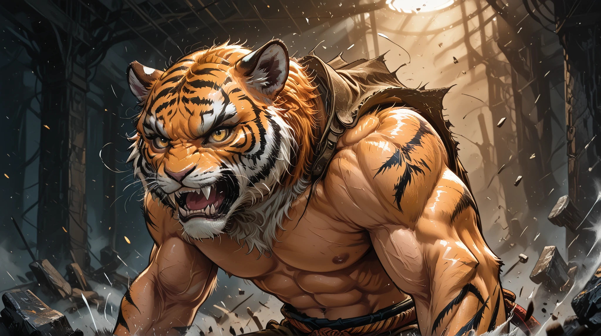 (2023:1), (best_quality:1), (high_quality:1), (absurd_res:1), (hi_res:1), (detailed:1) ,(Solo), man mid transformation into anthro male tiger, detailed, best art, masterpiece, quality, newest, jungle background, torn clothes, [partially human], muscular, pain expression, by taran fiddler, standing