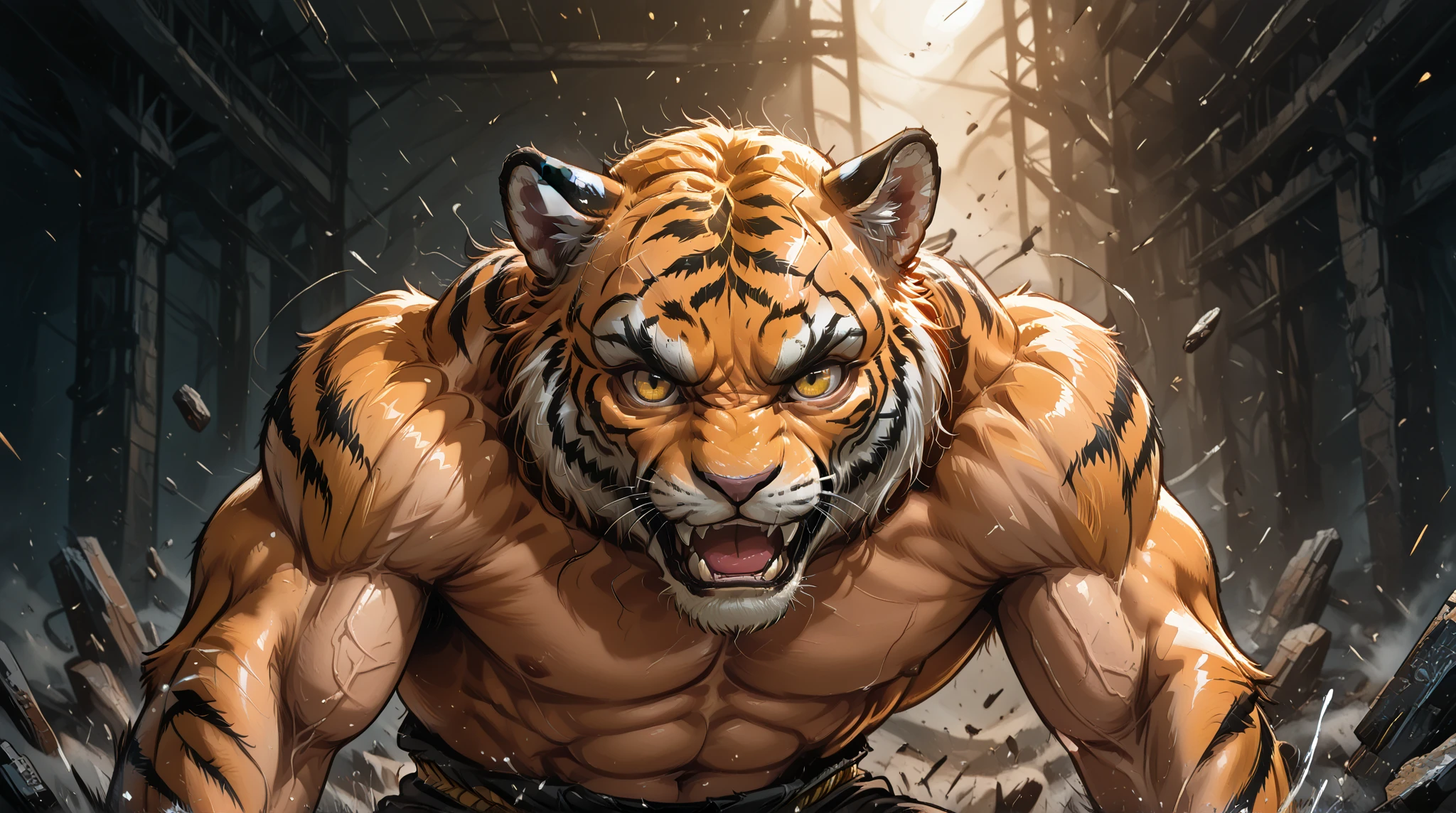 (masterpiece, best_quality, beautiful digital art:1.4), (half-body shot:1.5), ancient anthropomorphic jaguar, wrestler, muscular, shirtless, purple spandex pants, photography, beautiful, wrestling ring background, colorful, masterpieces, top quality, best quality, official art, beautiful and aesthetic, realistic, cinematic light, (sharp focus:1.6), highly detailed, ultra realistic, 8k