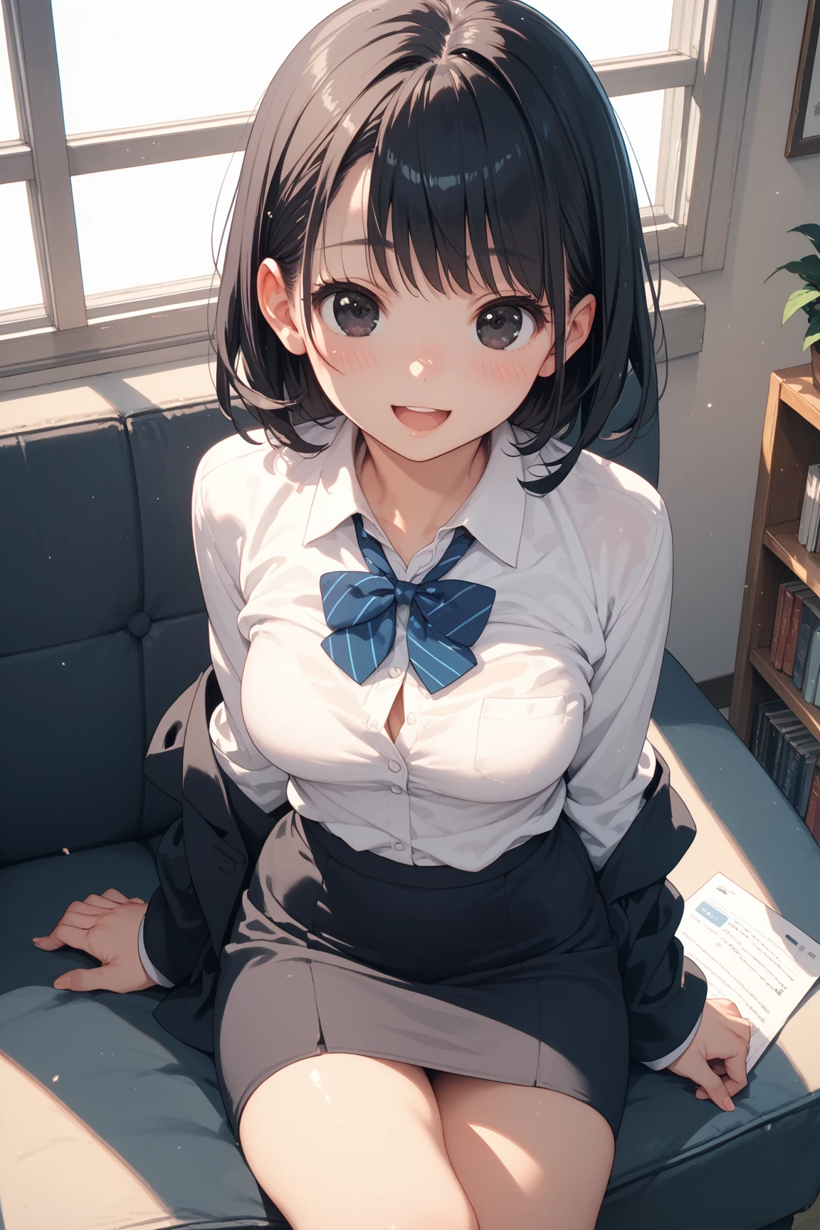 Masterpiece to the smallest detail、top-quality、1girl in、独奏、25-years old、170cm、Receptionist、Model body type、perfectbody、Breasts so big that they hang on the floor、Non-existent 130 cm chest、XCup milk、Realistic nipples、Extraordinary Beauty、Hair with silky texture、Gradient bob in the forward、Two-color mesh、Realistic eyes、Outstanding looks、unclear、proximity、closed_mouth、a smile、red blush、full of shyness、Hats that look good、Hats、pink bowtie、校服、 Blue jacket、jaket、skirt by the、Gray pretz skirt、Cutter shirt、white shirt、an legs、Black socks、sitting on、s Office、hair_ornament、looking_at_viewer、beatiful detailed eyes、Charming gestures、panties on、lift up one's skirt、Professional effects、