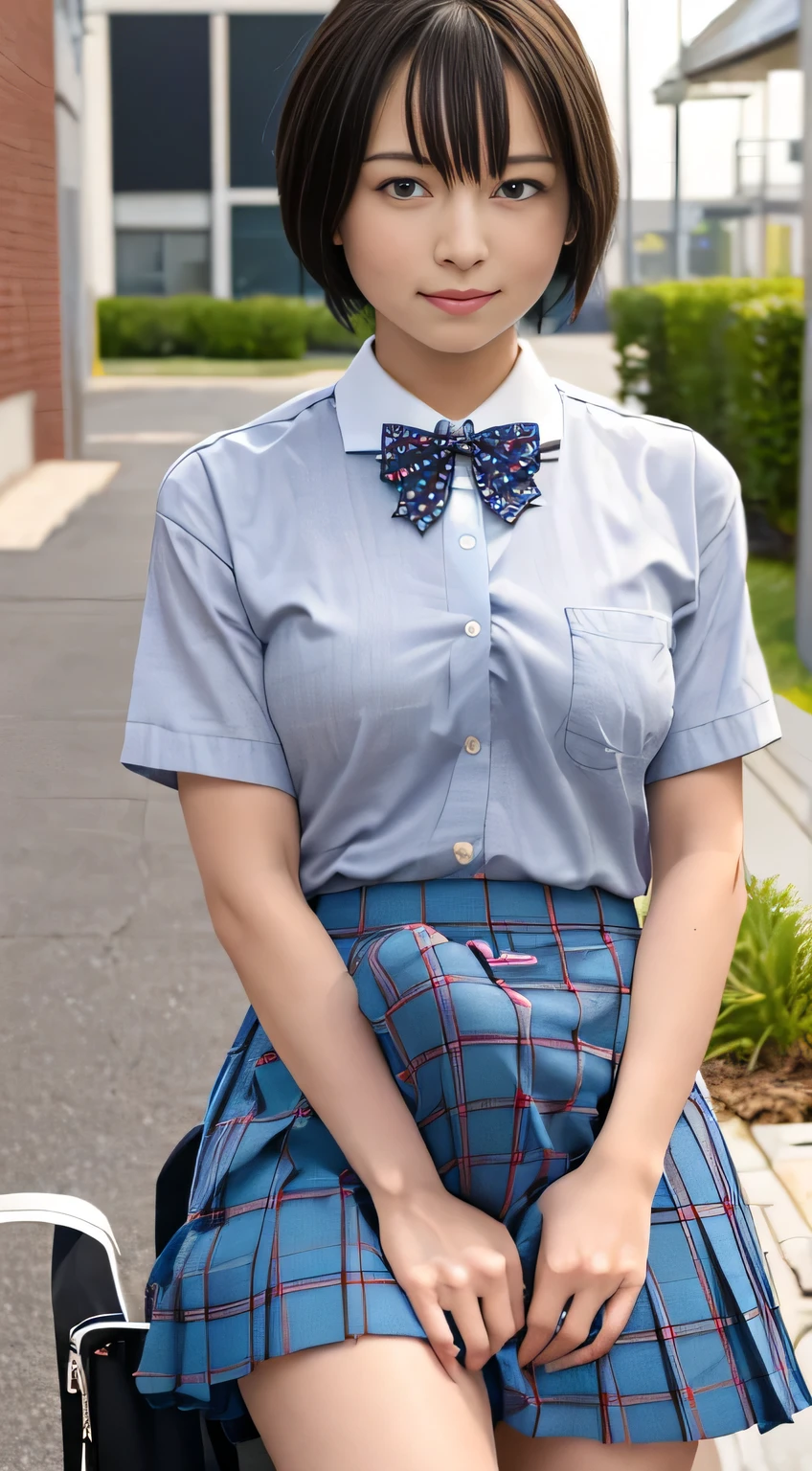 (8k, RAW photo, best quality, masterpiece:1.2), (realistic, photo-realistic:1.37), ultra-detailed,(detailed beautiful girl:1.4),1 girl, <lora:JP SCHOOL UNIFORM:0.4>JP SCHOOL UNIFORM,, 22 years old,(blue check skirt),looking at viewer,((full body shot)),smile,short legs,big face,short hair