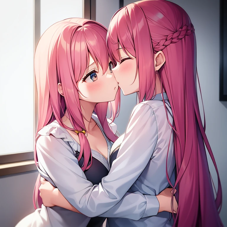 2girls,Girl1:,adolable,A pink-haired,long whitr hair,Girl 2:golden hair,Long hair,Touch each other's chests
