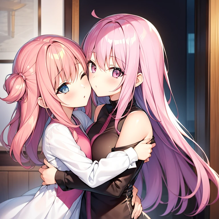 2girls,Pink hair,Hugging from behind、the kiss