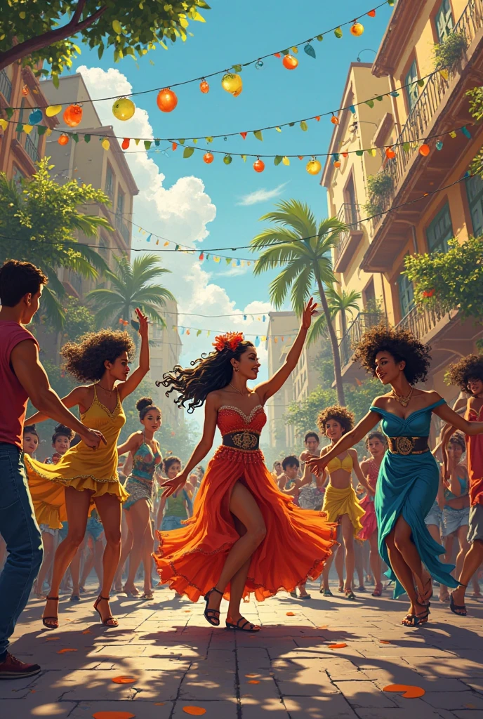 Ana at an Argentine party, with tango dancers and waving flags.