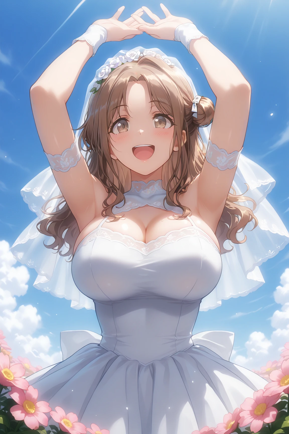 nozomitoujou, nozomi toujou, brown hair, short curly hair, breasts, masterpiece, best quality, high resolution, extremely detailed face, good lighting, detailed CG, messy hair, glossy lips, eyes closed, (tears on cheeks), wedding dress, elbow gloves, necklace, (dungeon, jail cell), (wrists tied, arms above head)