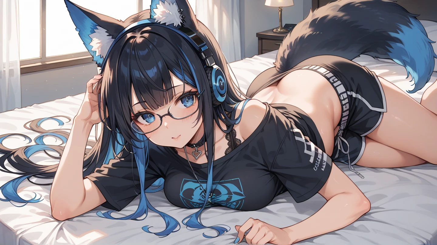Miku Hatsune, add alta definición_detail:1, blue fur,kitsune ears, tatuaje tribal add_detail:1,pose in bed, scoating position during a full moon showing off her beautiful figure and her outfit (black blouse bare shoulders, denim mini shorts) add_details:1, sonriendo add_detailsl:1, ear piercing add_detail:1, scoating position on bed add_detail, shy teen add_detail:1, aqua add pupils_detail 