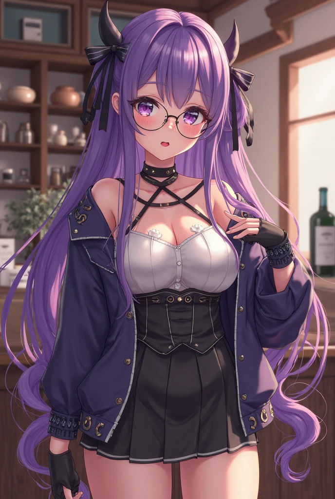 blush, smile,glowing aura, natural light, masterpiece, glossy skin, juicy lips , ,sexy, hot, evil,juicy lips hour glass, , juicy lips,, huge ass,smile, ultra detailed,  green eyes, glasses, , bimbo, purple hair, hair in pony tail, holding phone, low rise joggers