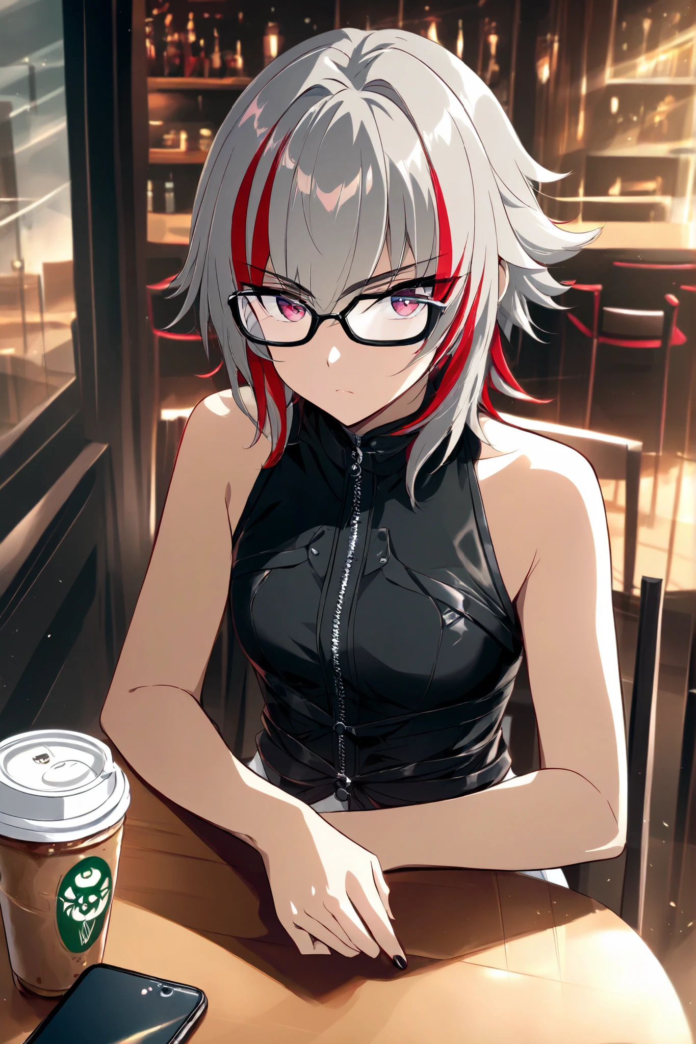Best Anime 4k
Serious look, weekends、room 、short layered hair with red highlights on white hair、sleeveless black zip up top、cool and edgy temporary look、No visible accessories、confident and slightly rebellious pose、Read a book with a serious expression Side Glance、SMOOTH FAIR SKIN、Cafe、sit on a chair、cross your legs、Smartphone glasses drink coffee