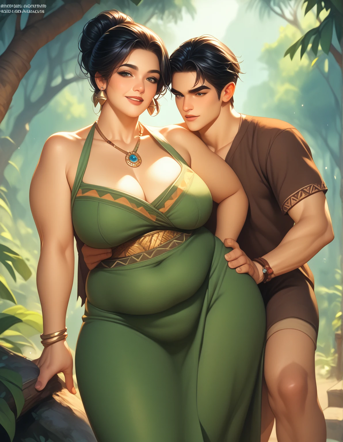 A mature woman, long black hair tied up, black eyes, thin lips, round face, huge breasts ((with cleavage)) wide hips, wearing a long dress with an apron, sitting on the sofa answering the phone, looking shy, behind her, a man mature man ((her husband)) roasting meat on the barbecue and a boy. 10 years ((her son)) helping with detailed and perfected meat art, ambiance of the house's leisure area, representing a family, the unfaithful wife on the phone sitting on the sofa while her husband roasts meat on the barbecue with their son, both two smiling