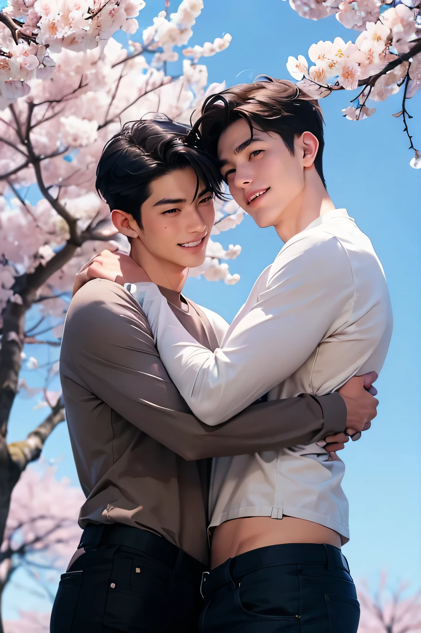 two Japanese men　Two handsome guys　very short black hair　　　casual with short hem　　blue sky　　Cherry blossom trees in the background　cherry blossoms in full bloom　　　Tight Long Pants　Mega Bulge　Long Sleeve 　　　Touch　　　Two men smile　　　　　　　　two men touch mokkori　　　hug each other　　　Kisu