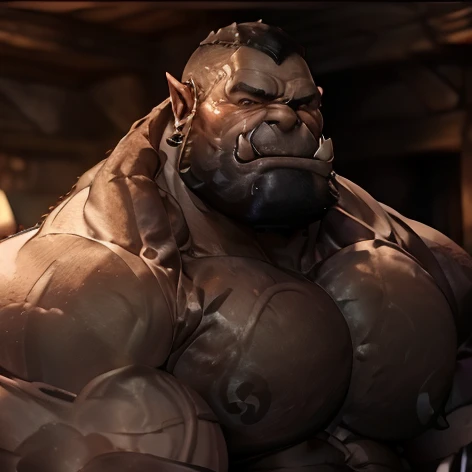 score_9, score_8_up, score_7_up, source_cartoon, 1boy, solo, portrait, g@rrosh_hellscream, orc, brown skin, nose piercing, tattooed body, muscular, huge pecs, looking to viewer,