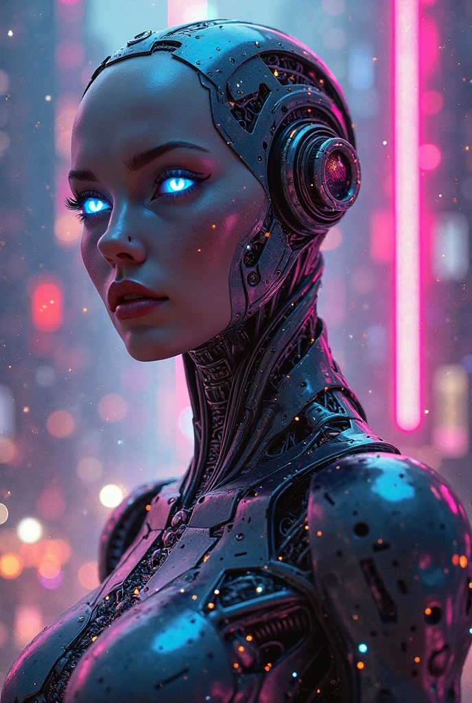 (Goddess of Technology:1.4), (masterpiece:1.4, best quality), (photo realistic:1.5), futuristic and sleek appearance, with an aura of innovation and intelligence, dressed in a form-fitting outfit made of advanced materials that blend metal and synthetic fibers, (hair styled with a metallic sheen, integrated with glowing circuits and data streams:1.2), (eyes glowing with a digital interface, reflecting a vast network of information:1.4), holding a holographic interface or a floating digital orb, surrounded by floating screens, wires, and data streams, (background of a futuristic cityscape or a high-tech control room filled with holograms and advanced machinery:1.2), (cool, precise lighting highlighting her and the technological elements:1.2), (dynamic and poised stance that emphasizes her mastery over technology:1.2), rich textures, sleek and modern colors, (metallic silvers:1.2), (cool blues:1.2), (neon accents:1.2), (dynamic composition with sharp lines and a sense of digital flow:1.2), high-quality and detailed, (awe-inspiring and futuristic atmosphere:1.2), transcendent and intelligent, perfect image quality, symbolizing the cutting edge of innovation, digital mastery, and the power of technology, captivating and advanced presence