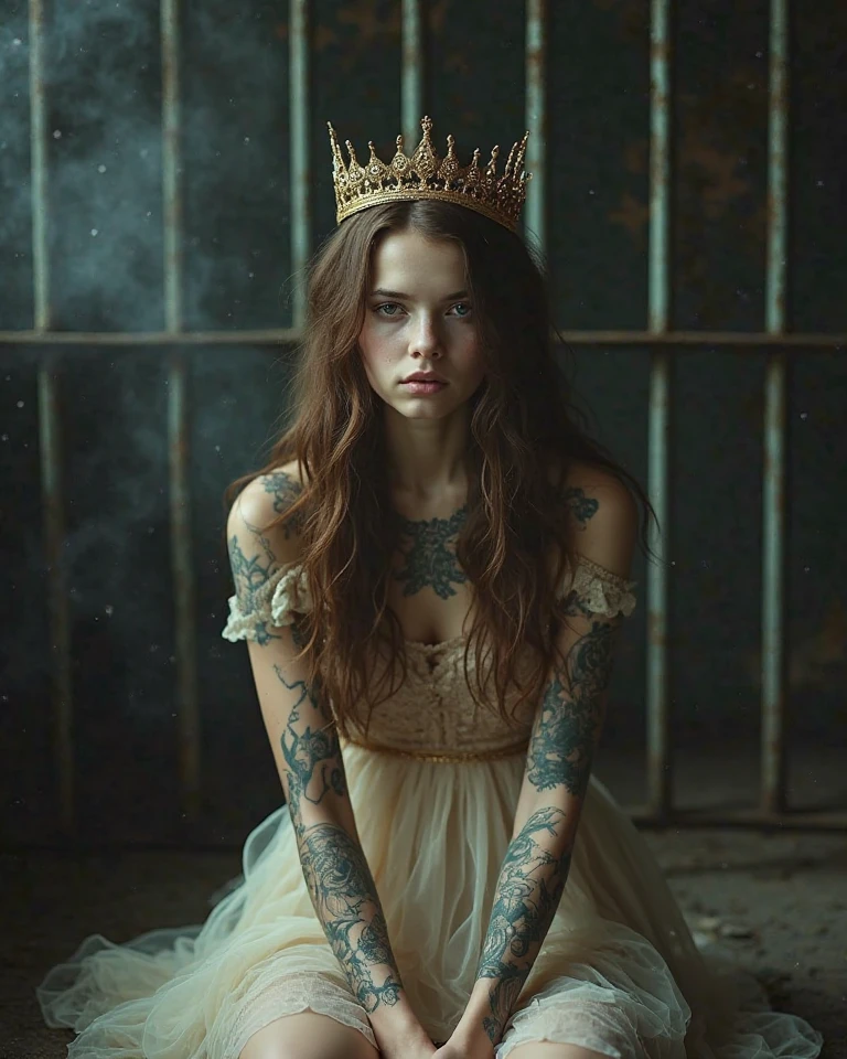 a beautiful young girl, 4k, ultra detailed, intricate tattoos, smoke, expressive beautiful face, long eyelashes, wearing a fantasy white dress, wearing fantasy white high heels, sitting on a throne, crossed legs, sexy, flawless makeup