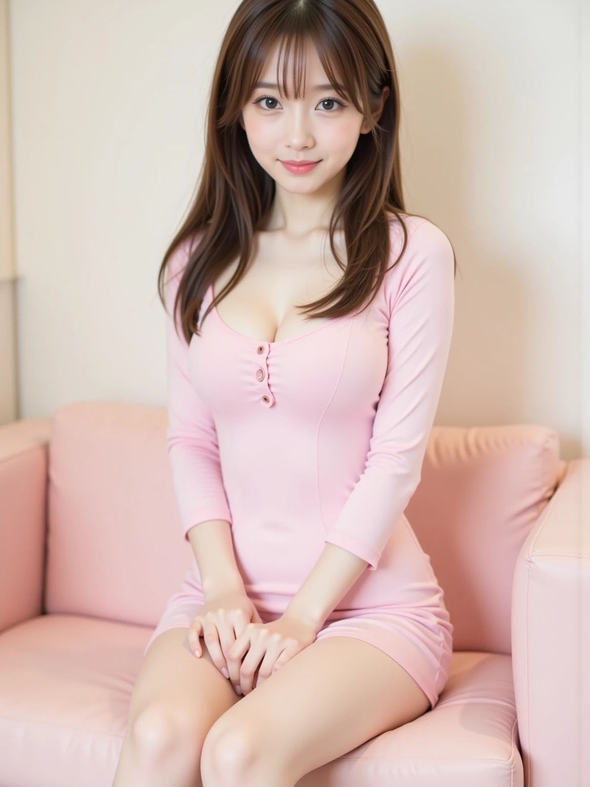 Arafe asian woman in pink dress sitting on sofa, Gorgeous young Korean woman, beautiful Korean women, Korean Girl, (((beautiful countenance))),(((big eye))),(((Beautiful eyes))),(((long lashes))),((Beautiful teeth alignment)),Beautiful young Korean woman, smooth pink skin, sexy dress, Dressed in a pink dress, Tight Dress, Beautiful Asian Girl, Pink dress, Wearing a pink dress, tight outfit, gorgeous chinese model, Pink body, Korean Woman,(((huge tit))), ((Chest cleavage)),(( nippleless)),