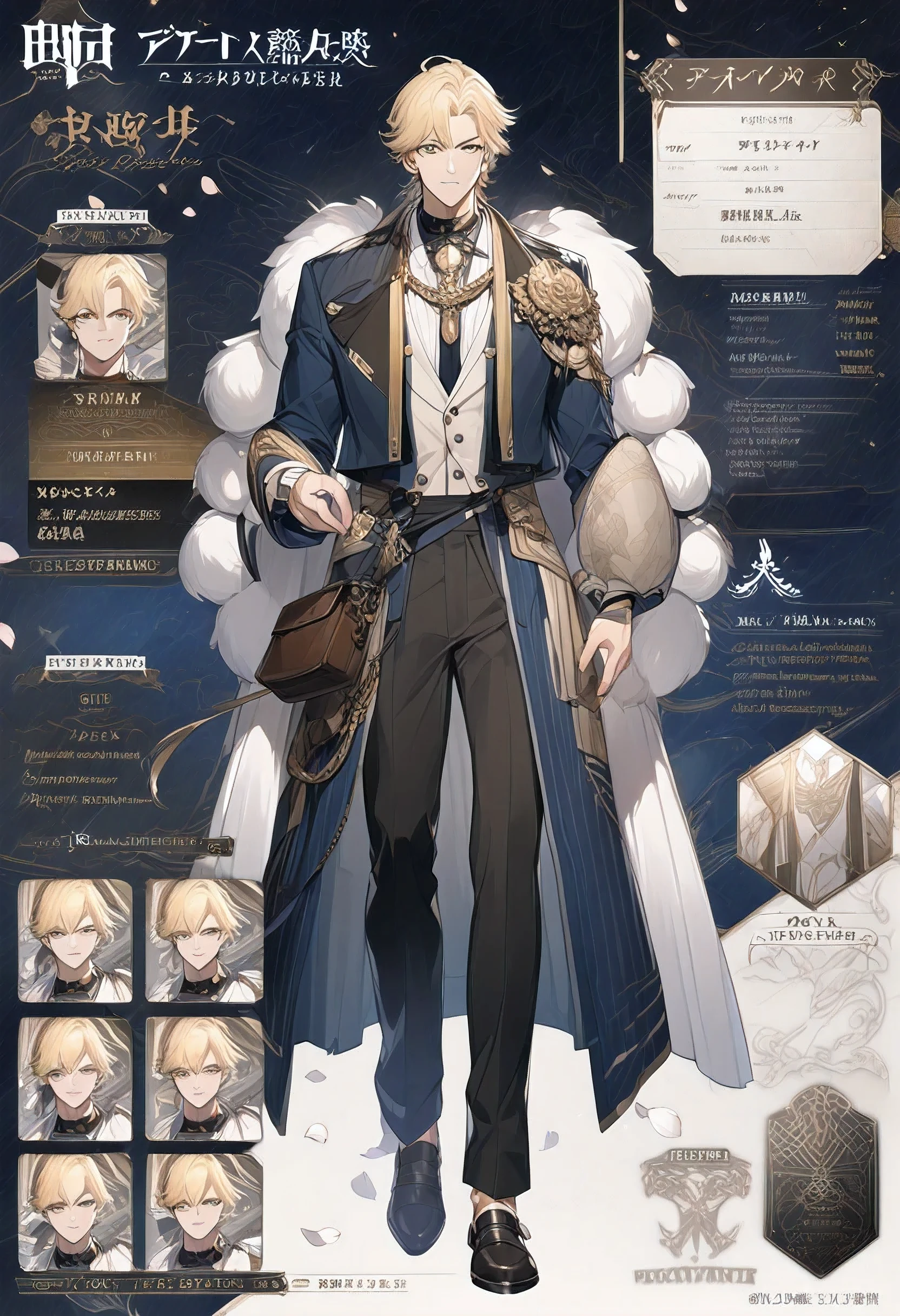 Costume design for a 25 year old male model , tall figure , fit , small waist , hair layer , blonde , handsome , full hd , sharp , full body , character sheet , 4k , dress in the style of a traveler , the role of the character is a navigator , white petals