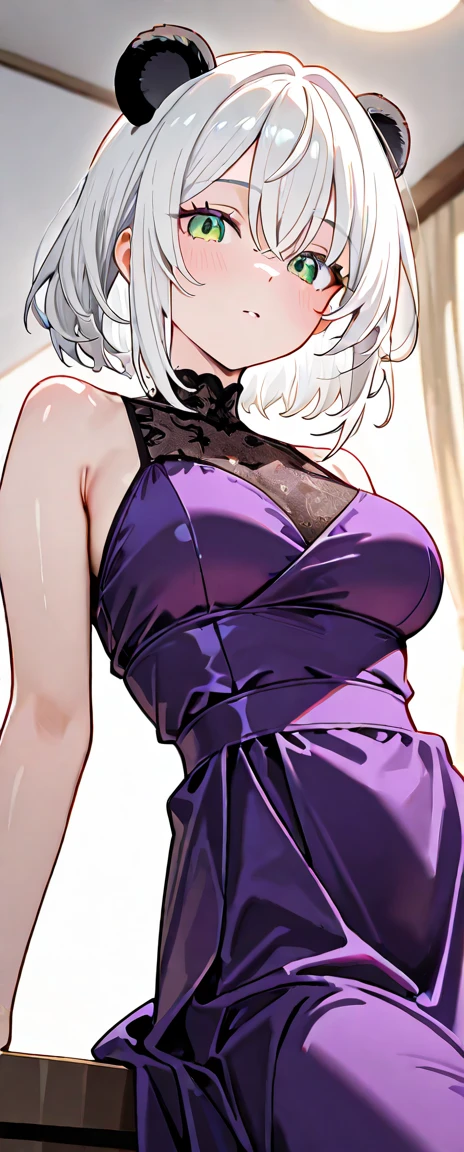 adult woman, pink hair, blue eyes, medium length hair, bun, elegant, big breasts