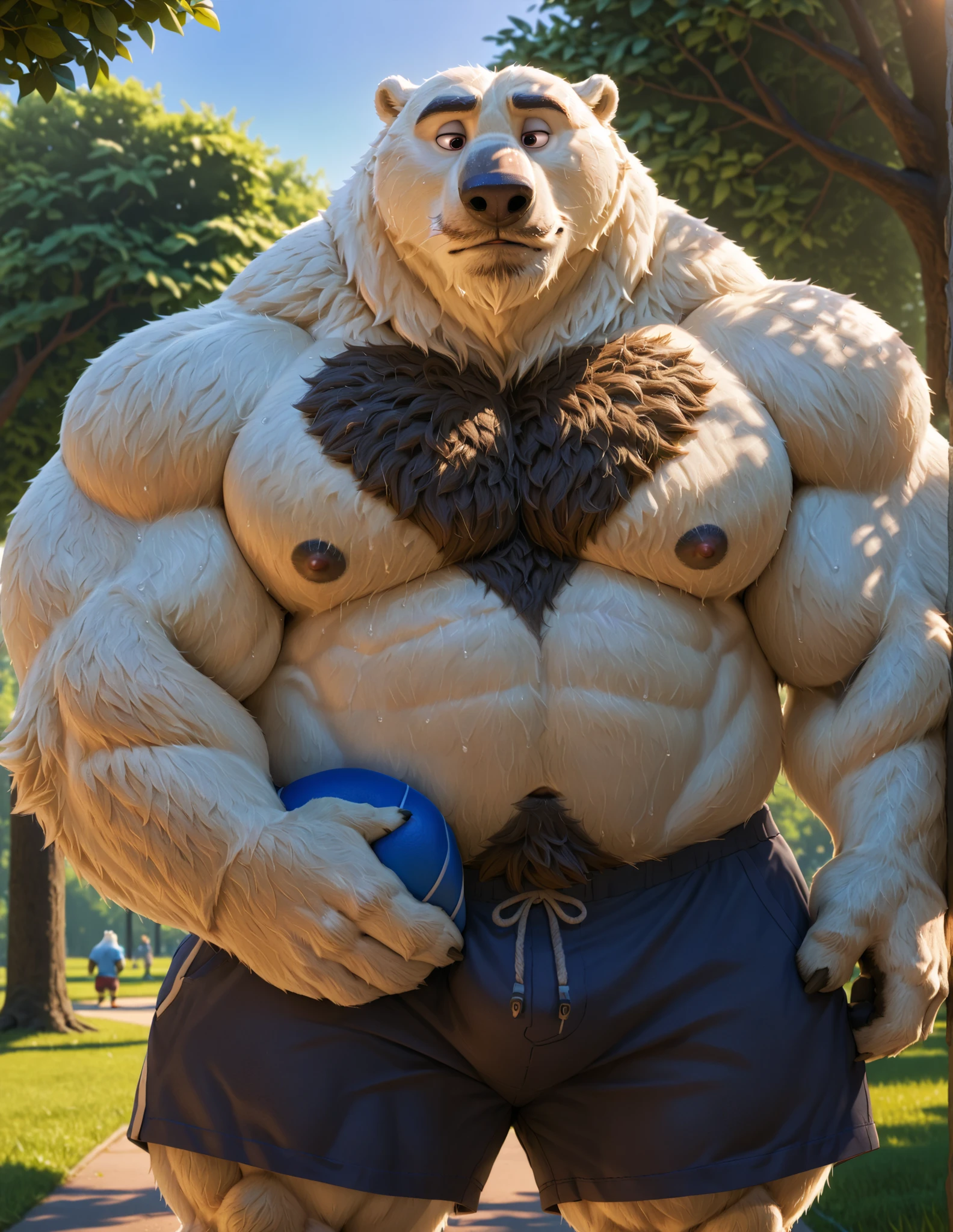 bara polar bear, strong physique, perfect anatomy, masterpiece, gray mustache and beard, wrinkles huge white fur, solo, great lighting, shorts, park, topless, hyper muscular, thick arms, huge pectoral, Zootopia, 8k