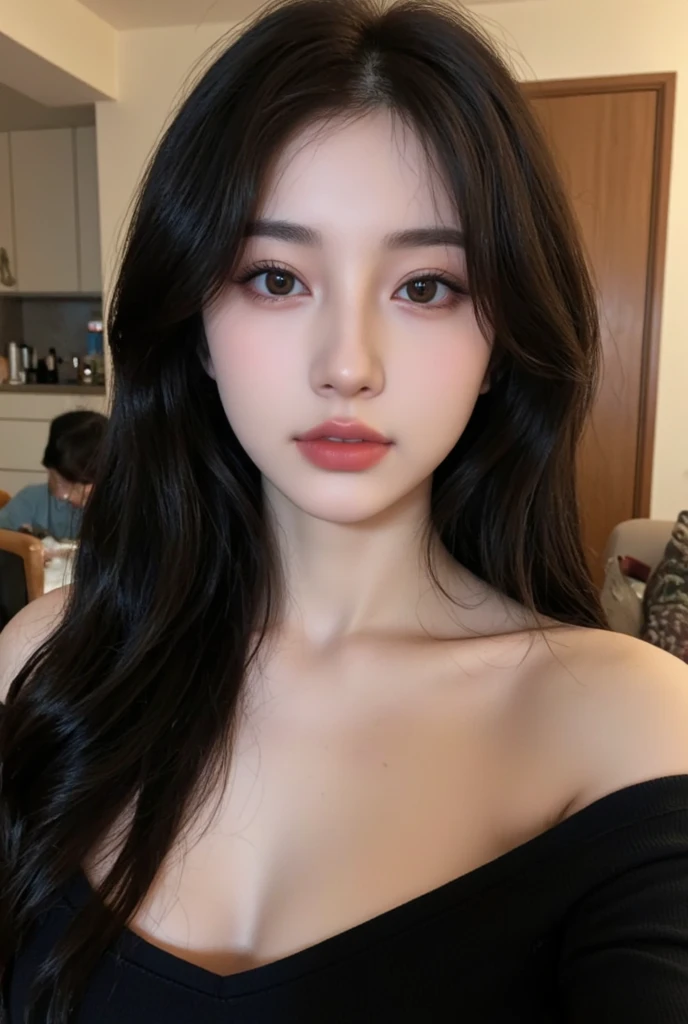 Un primer plano de una mujer con cabello largo con un vestido negro, Labios claros y de alta calidad, Cara linda clara, Beautiful aesthetic face, ulzzang, chica linda-fina-cara, Cara sexy con maquillaje completo, maquillaje popular de Corea del Sur, marcas en su cara, nariz grande y redonda labios cerrados, small lips pointy nose, maquillaje coreano popular, con labios muy finos