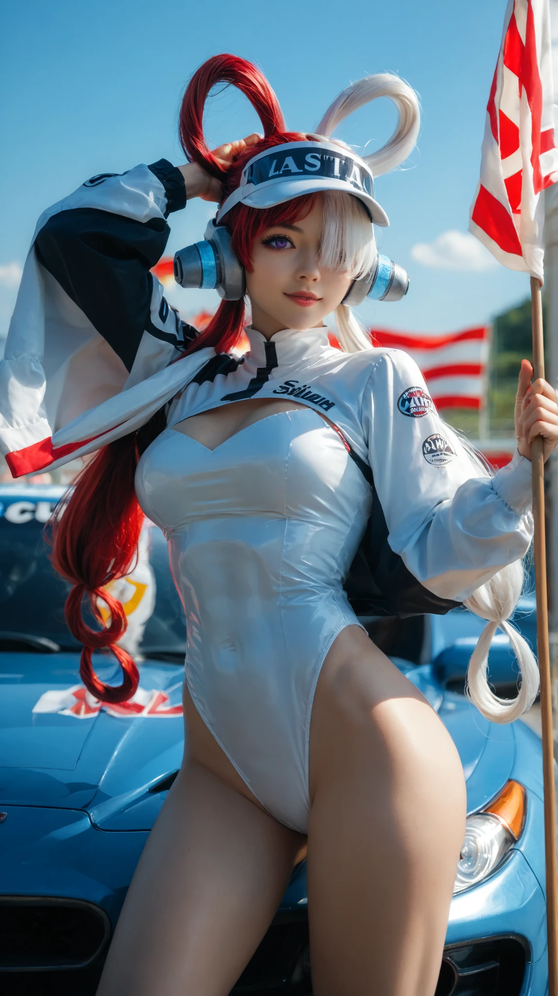 best quality, masterpiece, 1girl, aauta, long hair, split-color hair, hair rings, twintails, headphones, hair over one eye, one eye covered, purple eyes, breasts, sports car, race queen, shrug \(clothing\), leotard, visor cap, pantyhose, holding flag, standing, cowboy shot, Asian, cute, beautiful, (21 years old), double hair, red hair, white hair, half red hair half white hair, toned stomach,