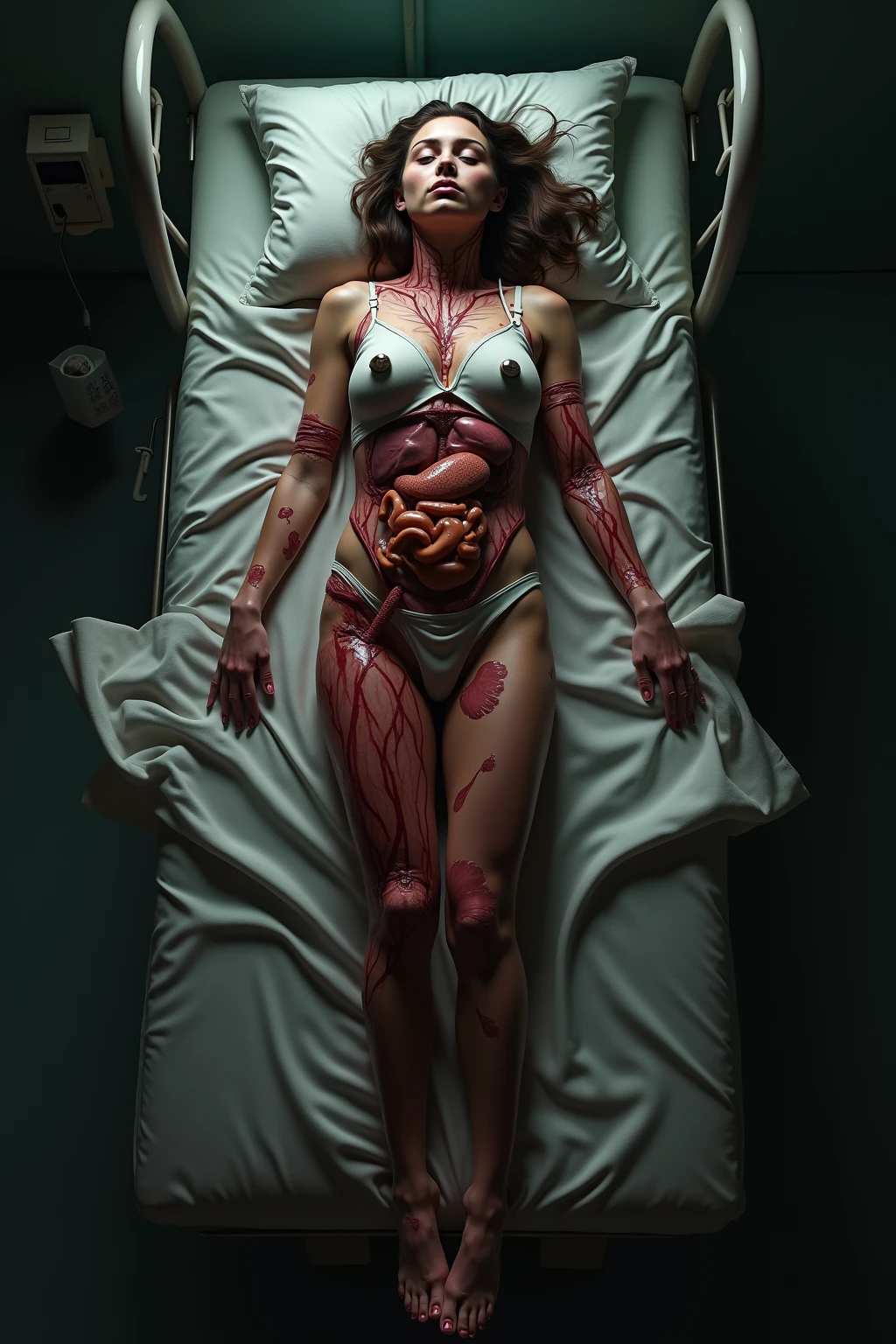 a woman lying on an operating table, incisions on her torso, huge breasts, medical equipment, operating room, high-quality, photorealistic, detailed, dramatic lighting, cinematic, masterpiece