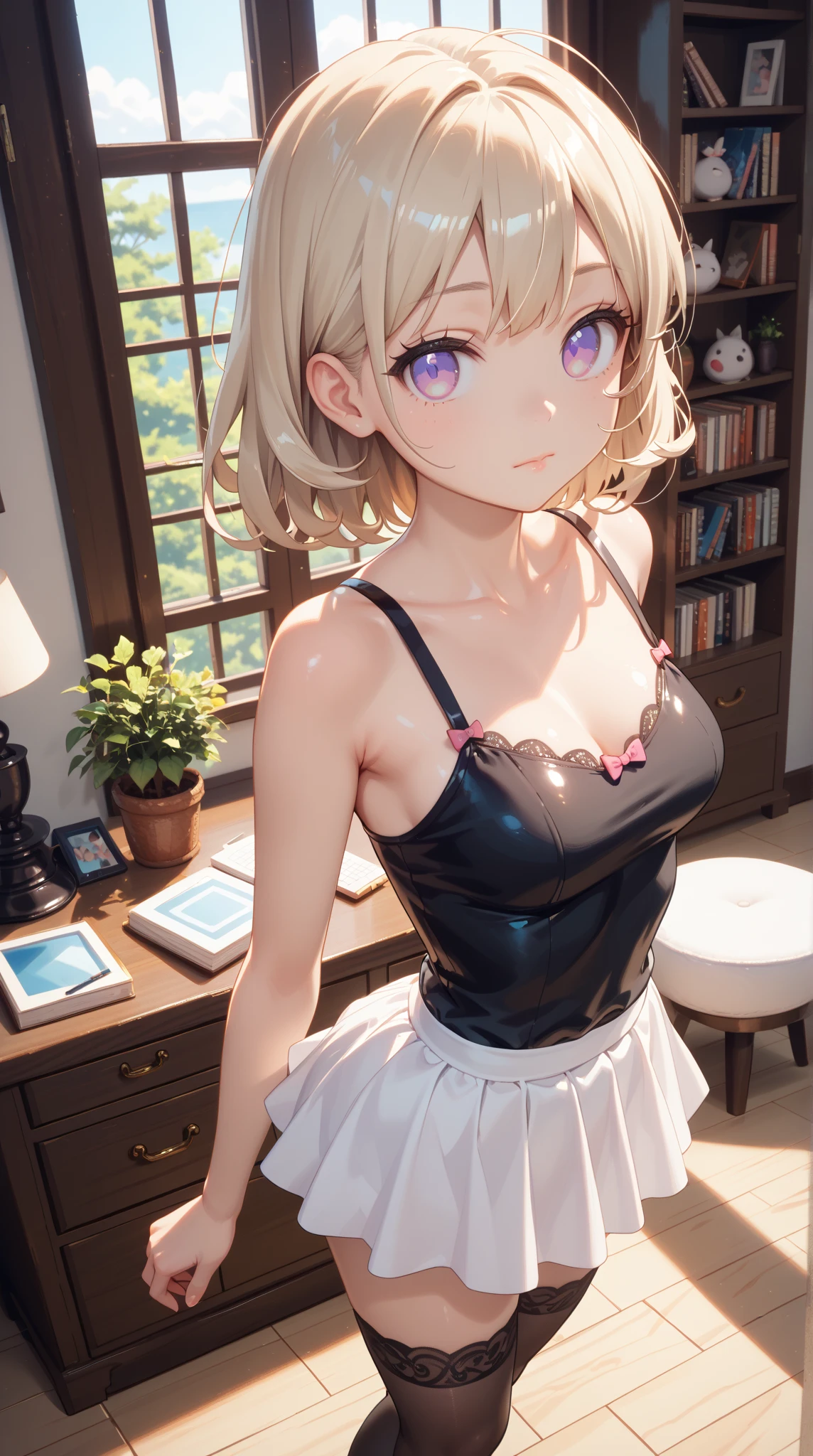 fullnude、The girl is depicted in full growth, (you see the girl from head to toe), Girl in a courtyard, cute bow, pubic hair, shy small smile, The girl is depicted in full growth, you see the girl from head to toe, nostalgic appeal, country girlfriend, (FLATCHESTED:1.3)、flat chest, superflat chest, naughty girl, one embarrassed girl in short cute skirt, zero breast size, blunt bangs, Blonde hair with short ponytails, Blue eyes, White skin,, freckles