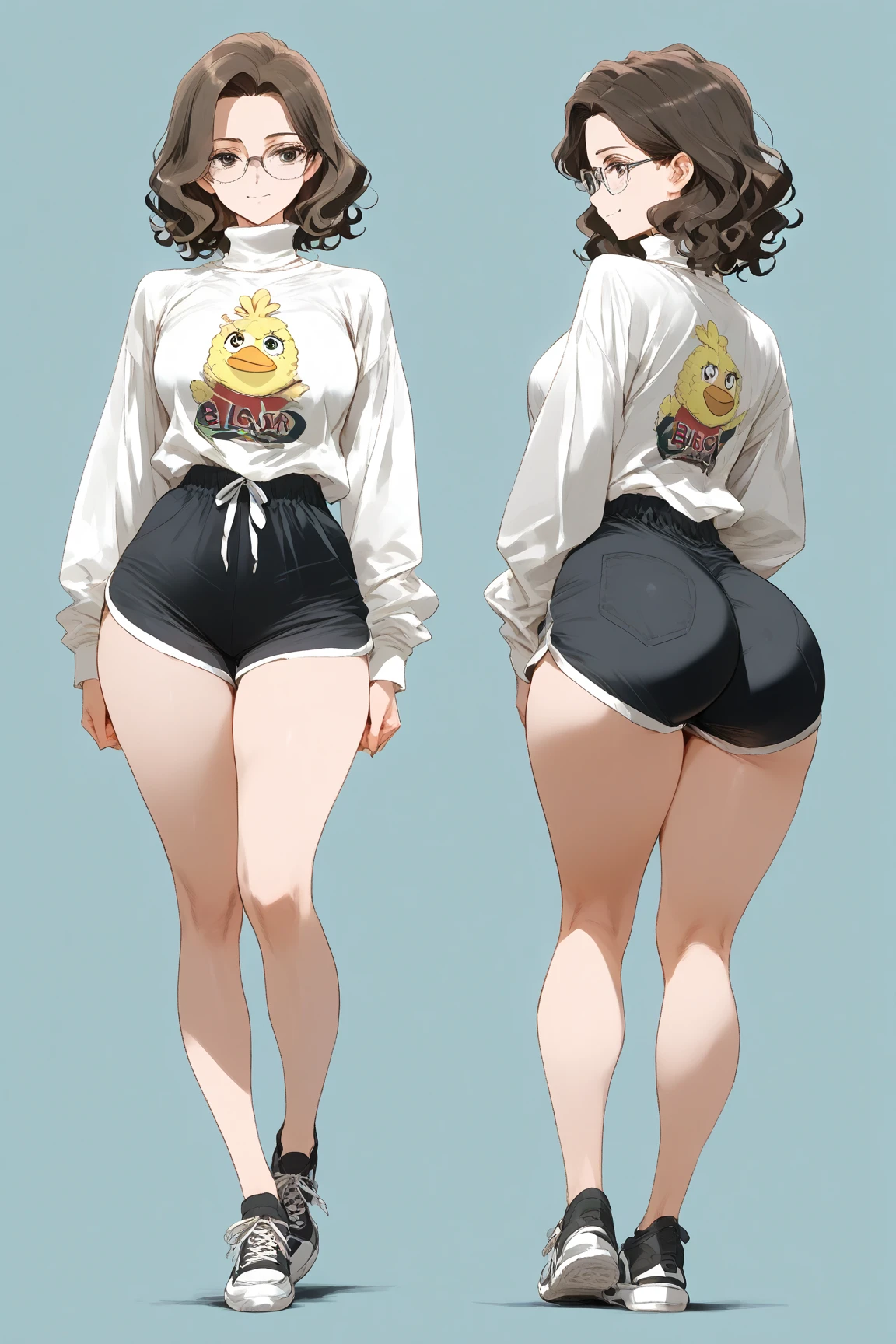 woman, pale skin, black hair with bangs, very very thin waist, very very thick thighs, big huge ass, t shirt, black shorts, flip flop, full body