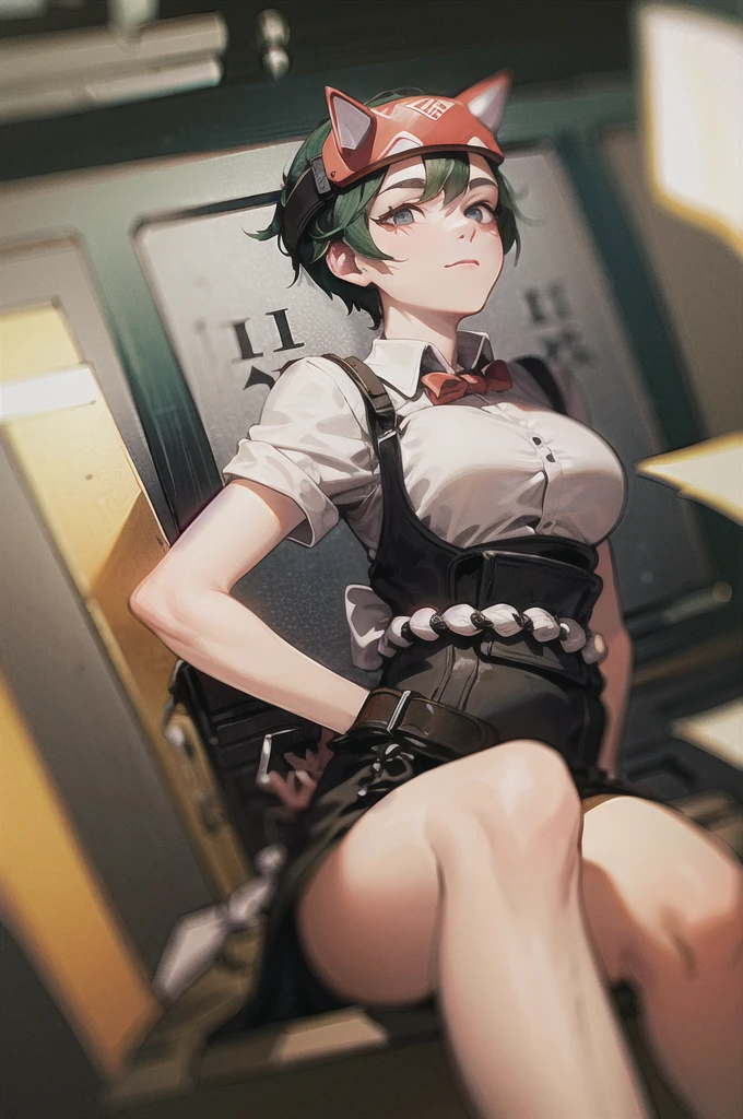 masterpiece, best quality, defShamir, collar, shoulder pad, black shirt, black gloves, bodice, green jacket, green belt, black pants, cowboy shot, large breasts, standing, looking at viewer, serious, from below, looking down, ((Tight leotard)), ((sexy fight pose)), ((Wrestling ring))