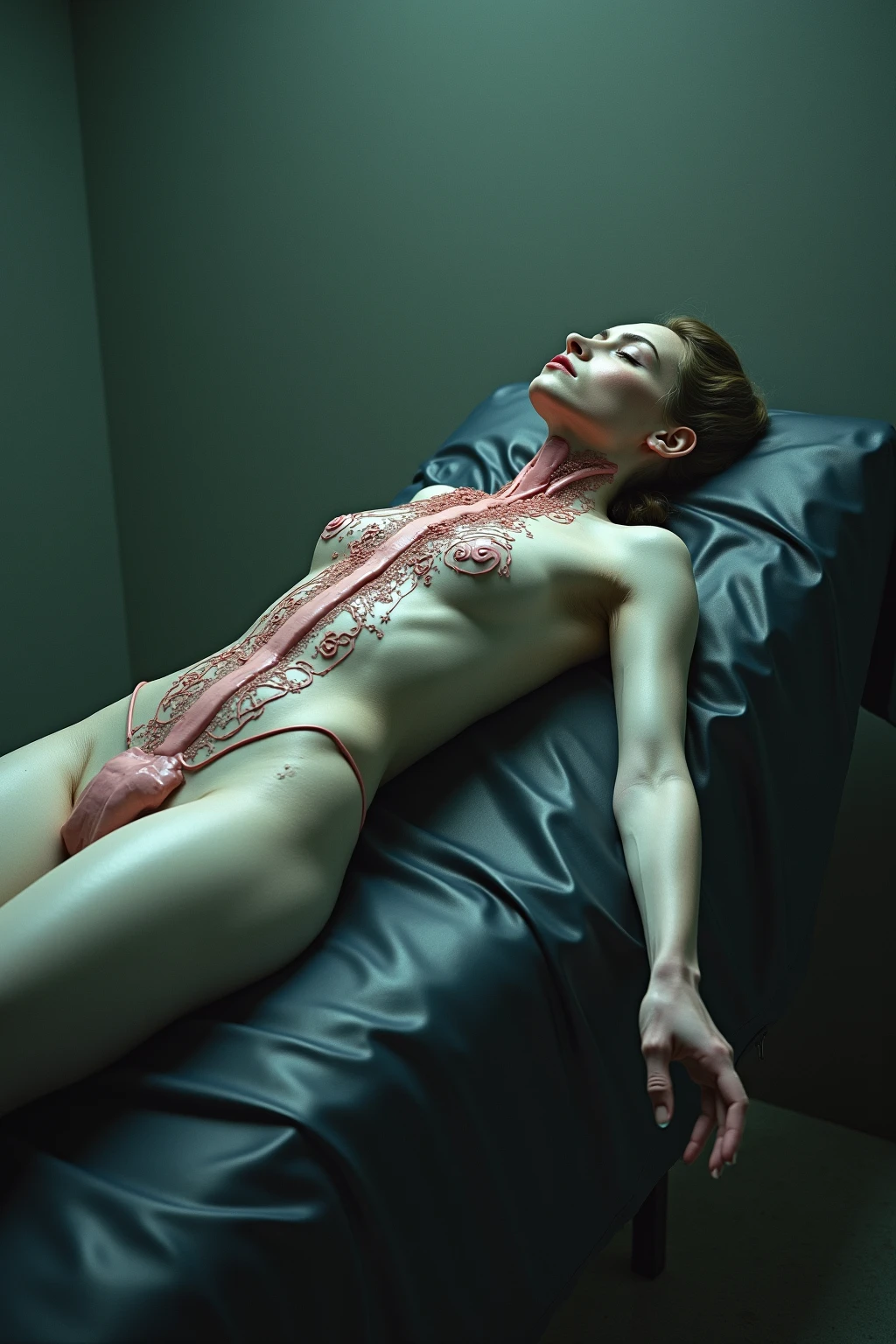 Japanese　50-year-old extremely beautiful woman　Slightly chubby　Big Breasts　The woman is on the operating table.　Fainting　close your eyes　Both arms are lying by the side of the body　Completely naked　Lying down in just a single thin, white, and small panty that digs into the skin.　The woman is bound and secured to the operating table with ropes around her body, wrists, and ankles.　White duct tape covering a woman&#39;s mouth　Tentacles are coming to attack the woman.