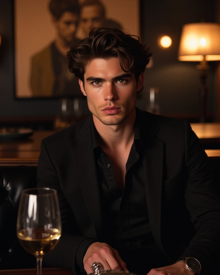 a black and white photo of a man sitting on a couch holding a glass, handsome guy in demon slayer art, sylas, handsome male vampire, epic and classy portrait, male vampire, commission for high res, jesse mccree, jacen solo, male art, artstation mans aesthetic, style of charlie bowater, as a character in tekken, neo noir style, (8k, best quality, masterpiece:1.2), (realistic, photo-realistic:1.2). cabelo de Anakin Skywalker