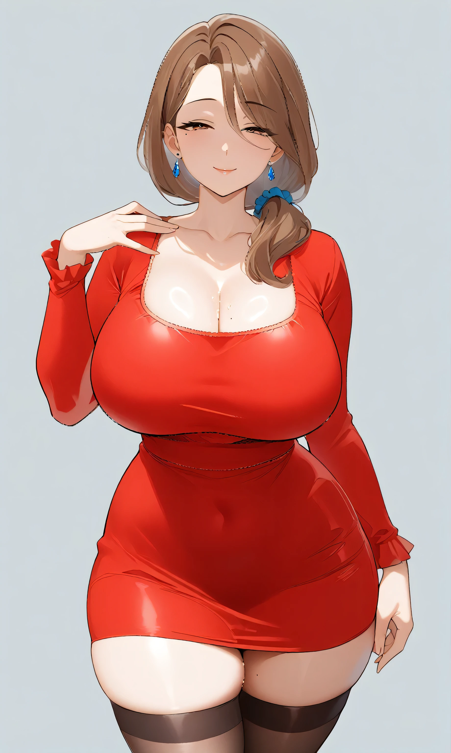 A digital illustration shoot from a front camera angle about a stylized illustration of a mature woman in a tight, curvy red dress, posing playfully with one hand on her hip and the other resting on her thigh. the image also shows a plain, light grey background. on the middle of the image, a 1 woman, who appears to be in her early twenties, with a slim body and large breasts, is standing. she is wearing a tight red dress that accentuates her curves, with long sleeves and a scrunchie in her hair. her brown hair is styled in a ponytail, and she has brown eyes that are looking directly at the viewer. she has a gentle smile on her face, and her body is curvy, with big breasts and a mole on her breast. she also has blue earrings on her ears. her hand is positioned near her head, with her right hand touching her cheek.