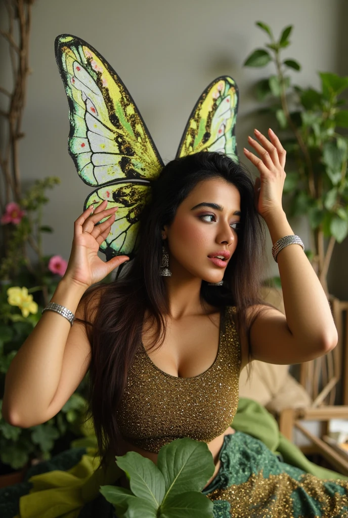 Hansika Motwani is a butterfly . Real Butterfly, butterfly wings. Sit on leaf. Butterfly skin, big wings. Huge wing. She is a butterfly, she is an insect. Real face. Real Butterfly. Exact butterfly.