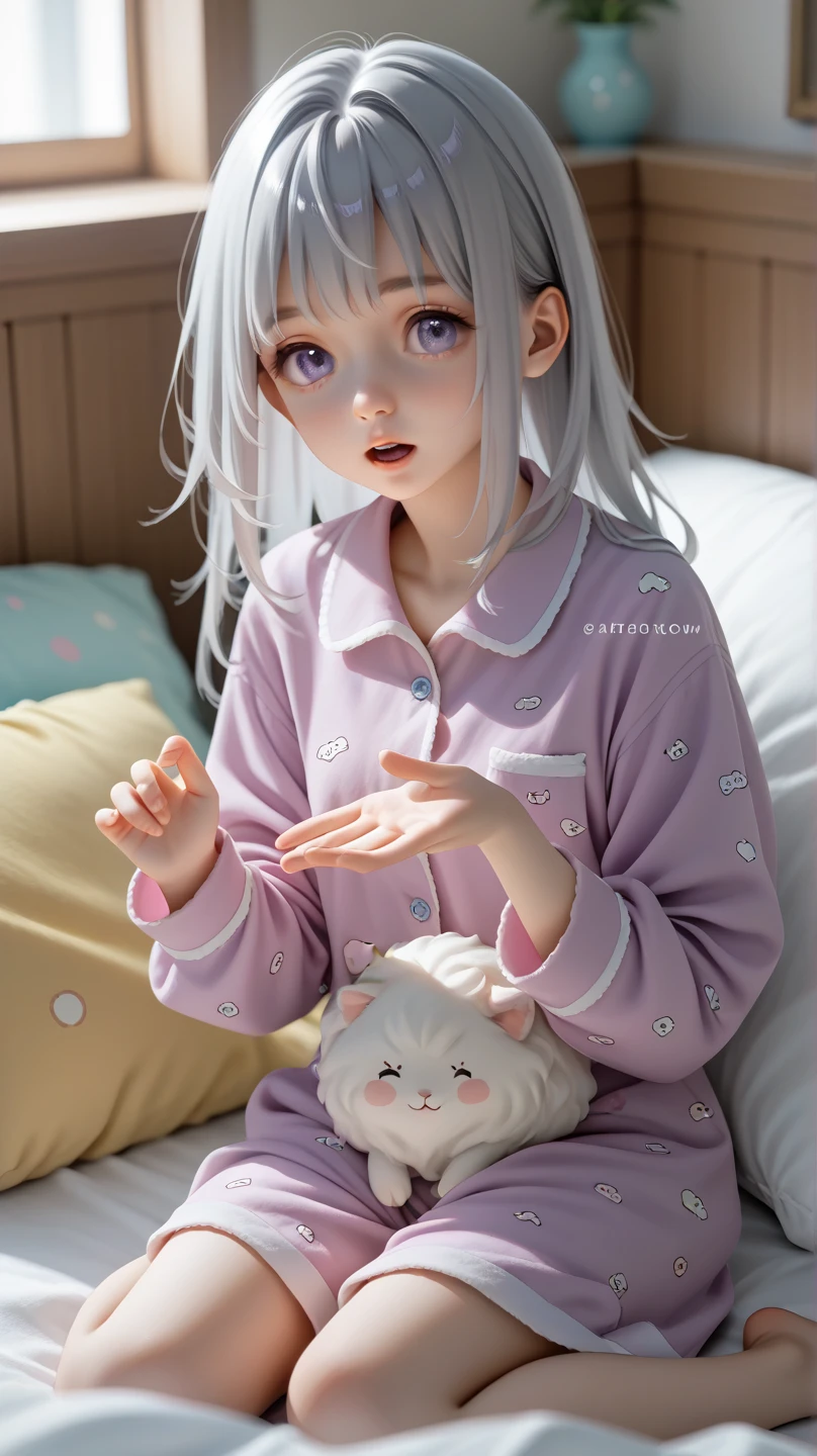 3d, 1boy, cute boy, 14yo, looking at viewer, cute, 8k, best defention,white hair, spiky hair, light blue eyes, home muji style, satin pajamas shorts, material is shiny,shy, open legs