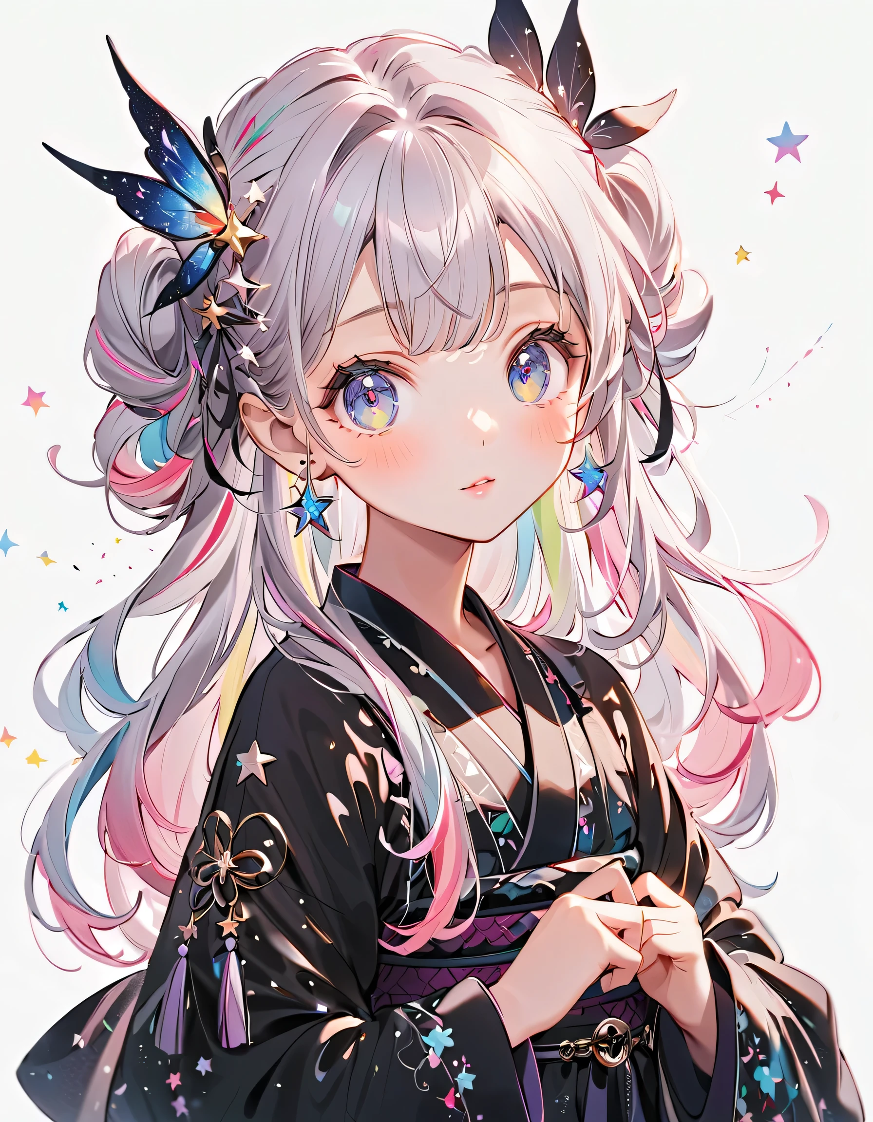  BEST DETAILS、  1 girl，，Blink， （   hair color is milky white and hair tips are blue ）、  cutest girl in the world   ，Wear a colorful and cute gothic kimono costume   ,  Star Fairy ,Wear a colorful and cute gothic kimono costume    with little fairy feathers growing from above your waist 、  simple background、 Best Details 、 Long and wide cuffs  、Rainbow Hair Ornament、 VTuber character design 、 Sparkling、 detailed eyes 、Delicate lines of hair