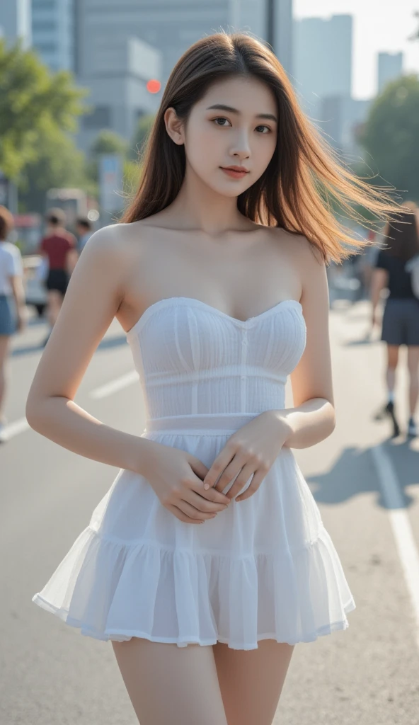 (Better Quality, 8k, 32K, Master Parts, Ultra-high resolution:1.2),Beautiful Japanese Women Photos,Medium Hair,(shy:1.2),(With a smile:0.9),(Looking away:1.2),(Cute Detail Dresses, flare skirt:1.3),(panties:0.7),(Wind power increase:1.7), whole body,the wind is strong,crowd,pedestrian crossing,Are standing,(Blurred Background:1.5), (the wind is strong:1.2)