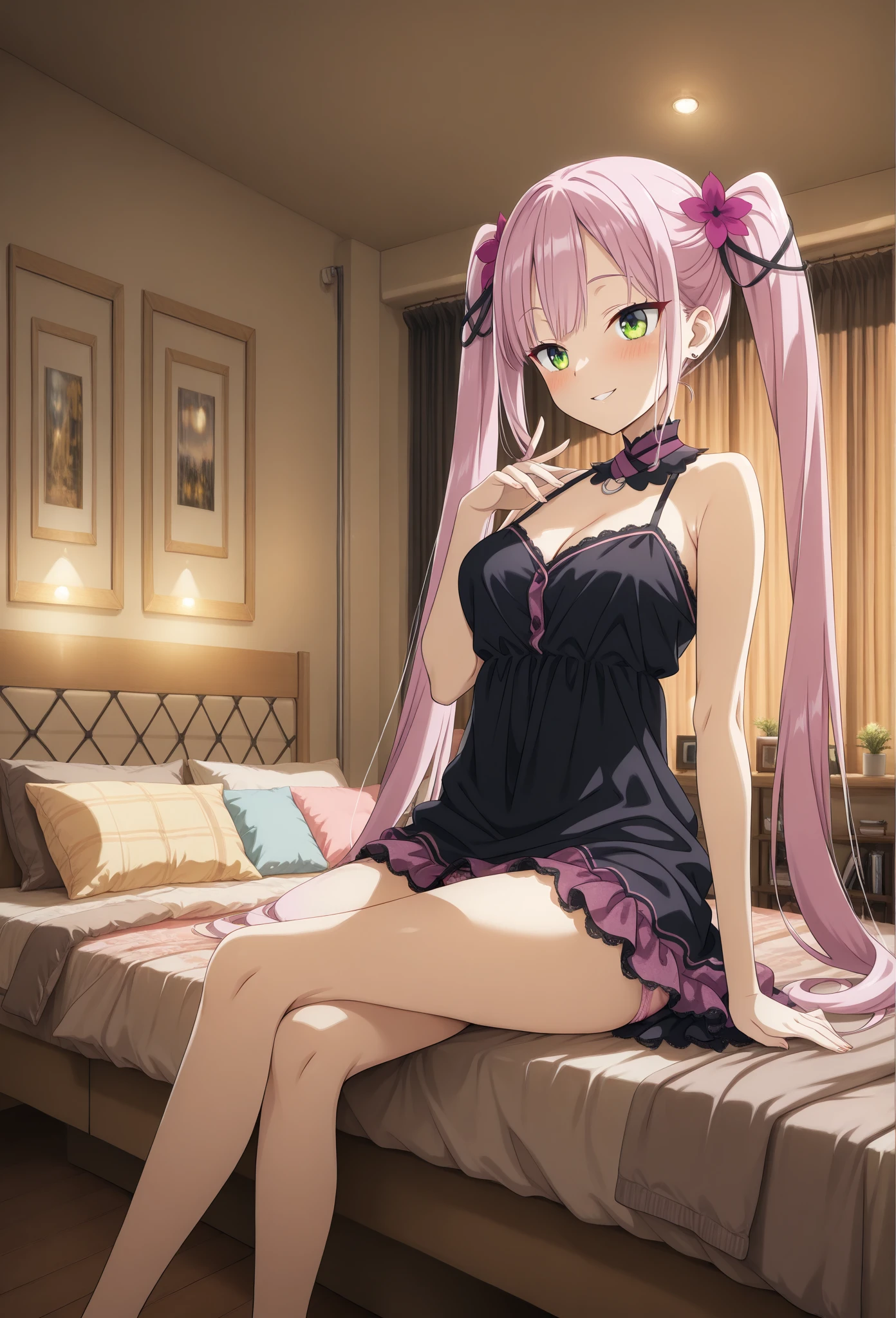 masterpiece, best quality, solo, pink hair, twintails, small breasts, 10yo, (petite),
 embarrassed, sitting, spread legs, p1nkn1ghty, pink negligee lift, (see-through), nipple slip, ,pussy, bedroom,